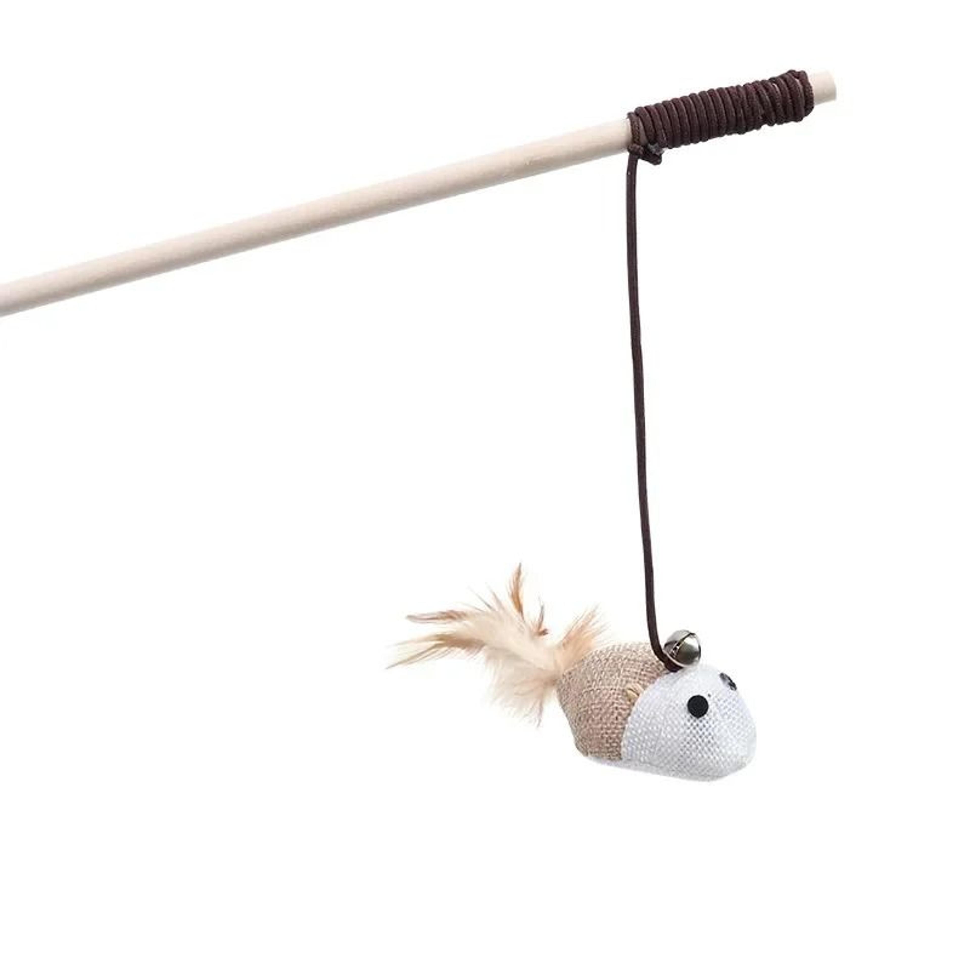 wooden cat teaser wand with mouse feather and bell