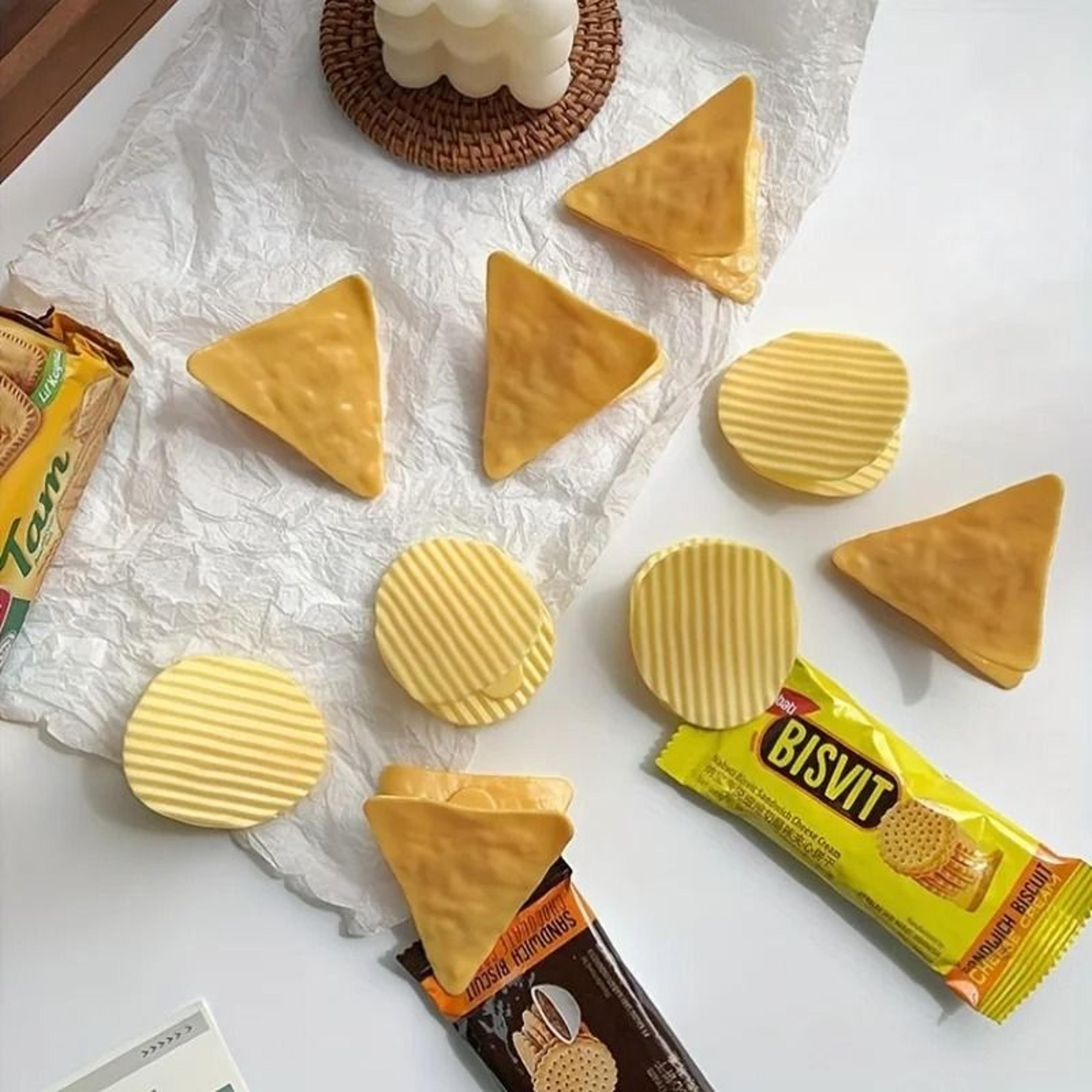 four piece chip shaped food bag clips for snacks documents and kitchen storage