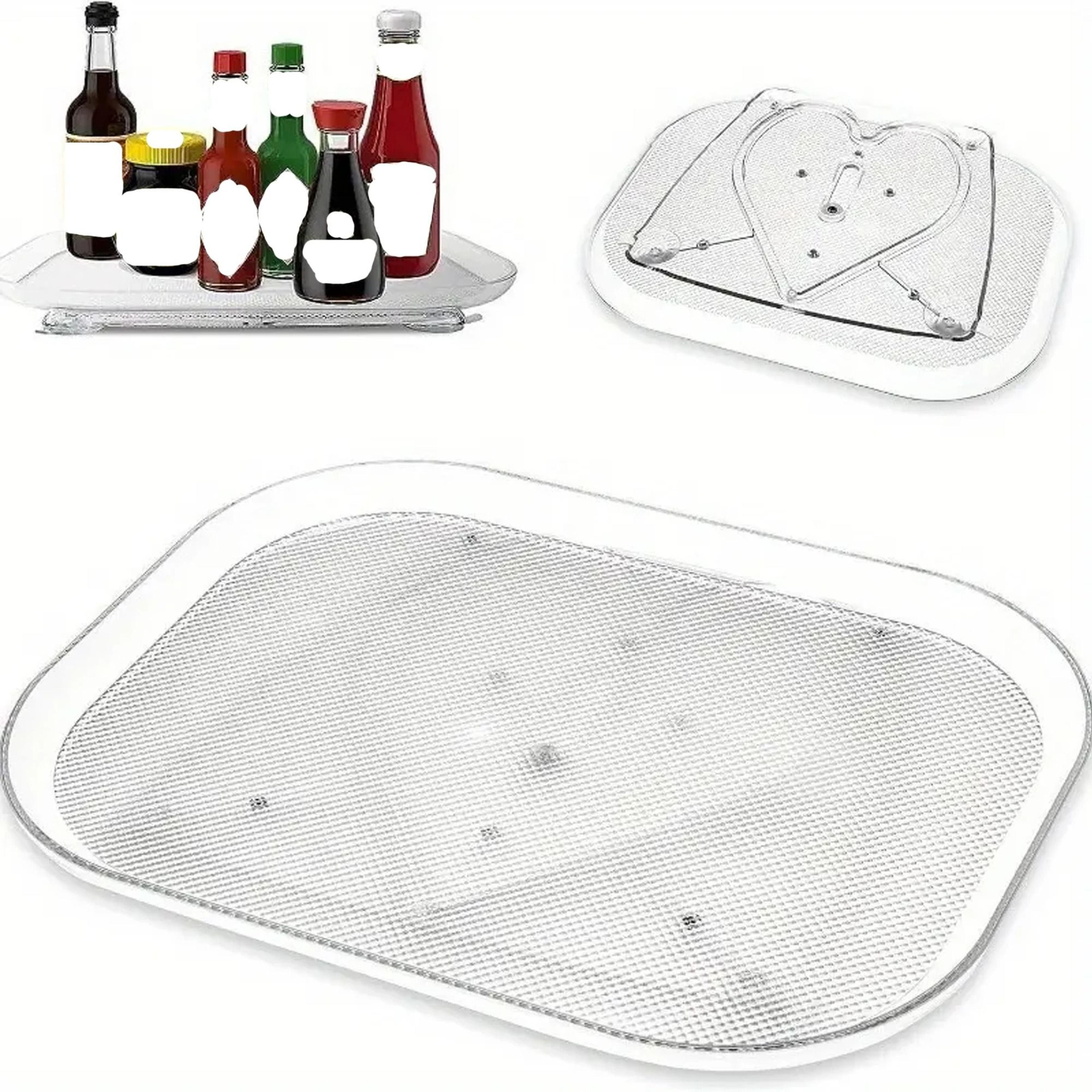 rotating refrigerator storage tray for spice jars condiments snacks and kitchen organization