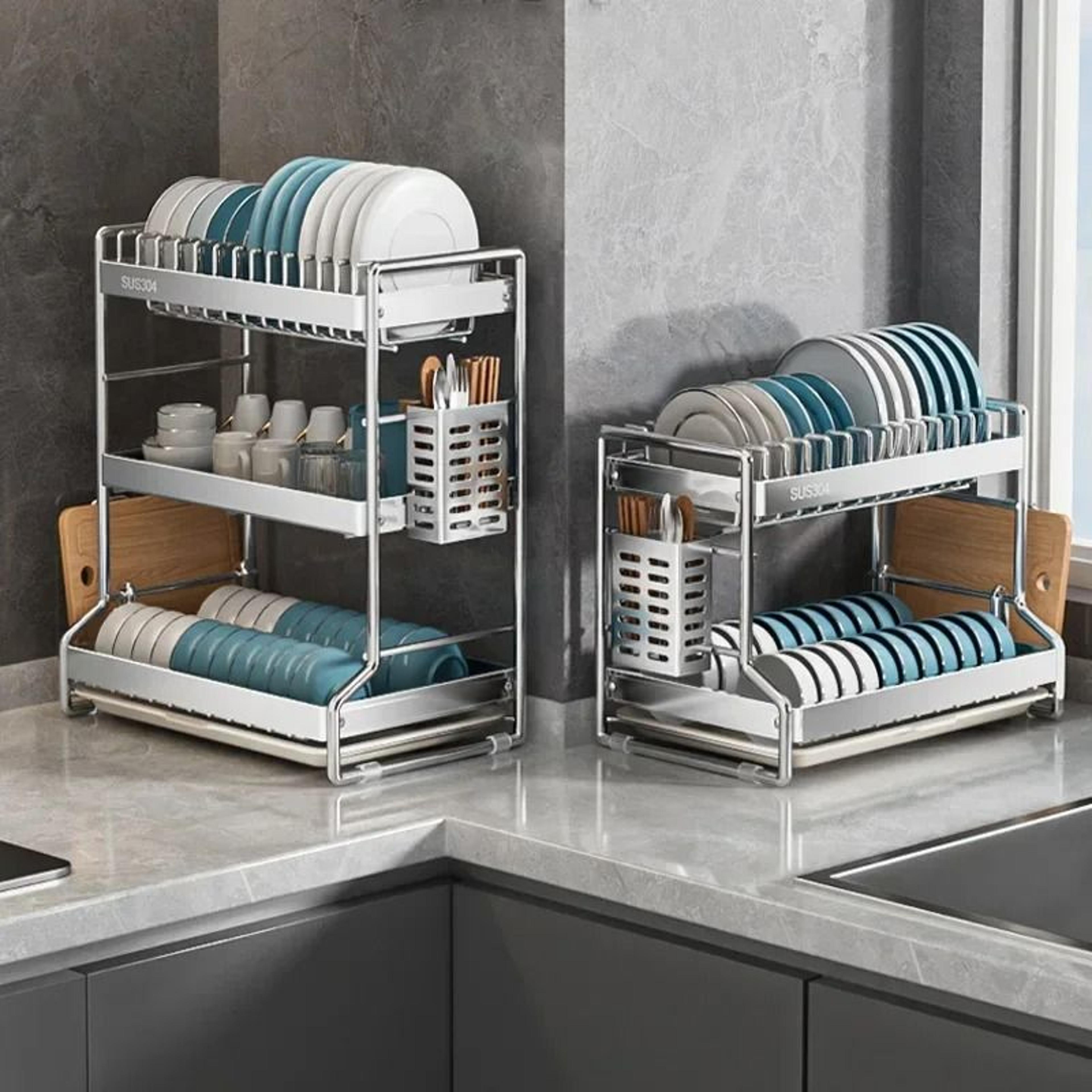 stainless steel dish drainer rack with drain board for kitchen tableware organization
