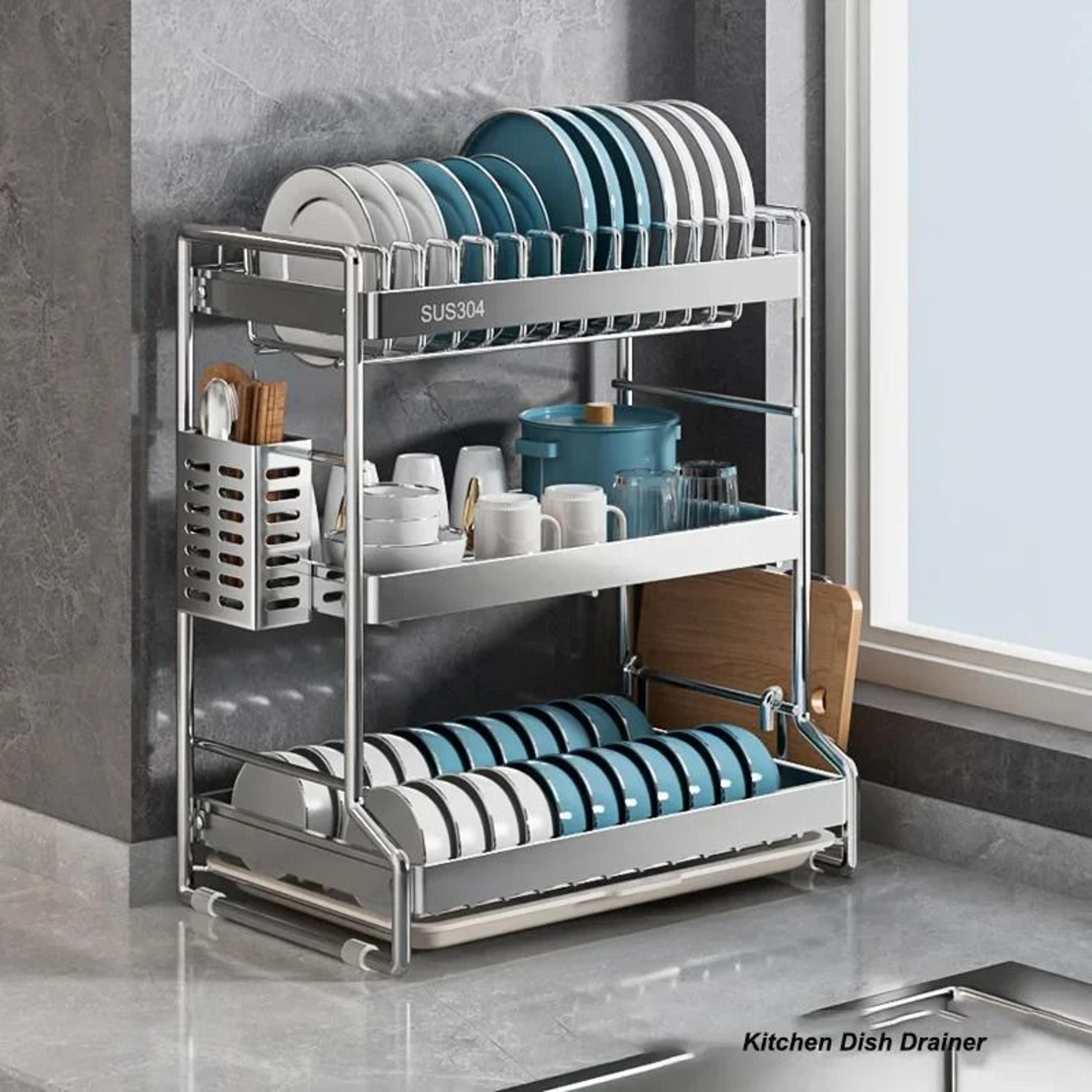 stainless steel dish drainer rack with drain board for kitchen tableware storage