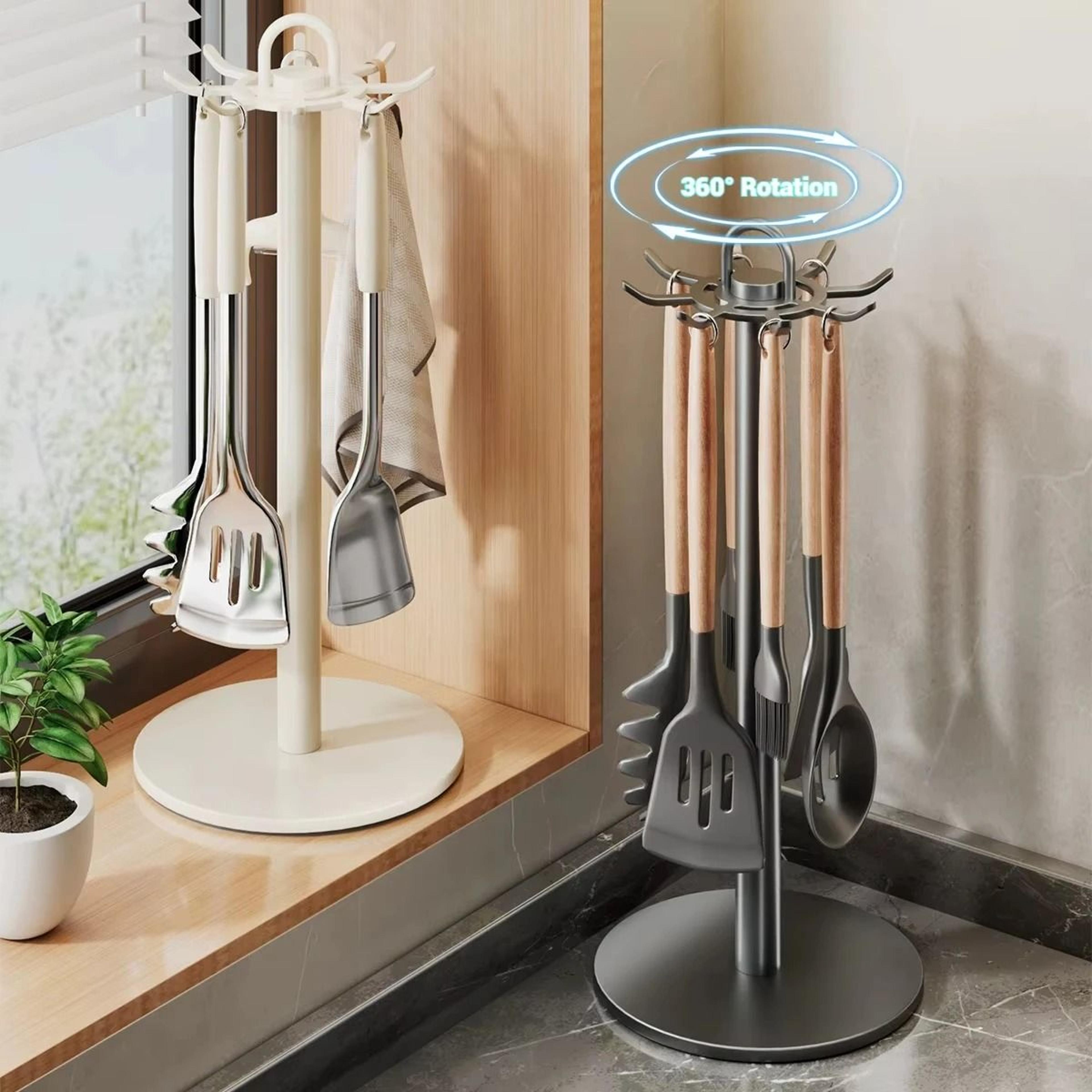 rotating utensil holder eight hook kitchen spatula rack