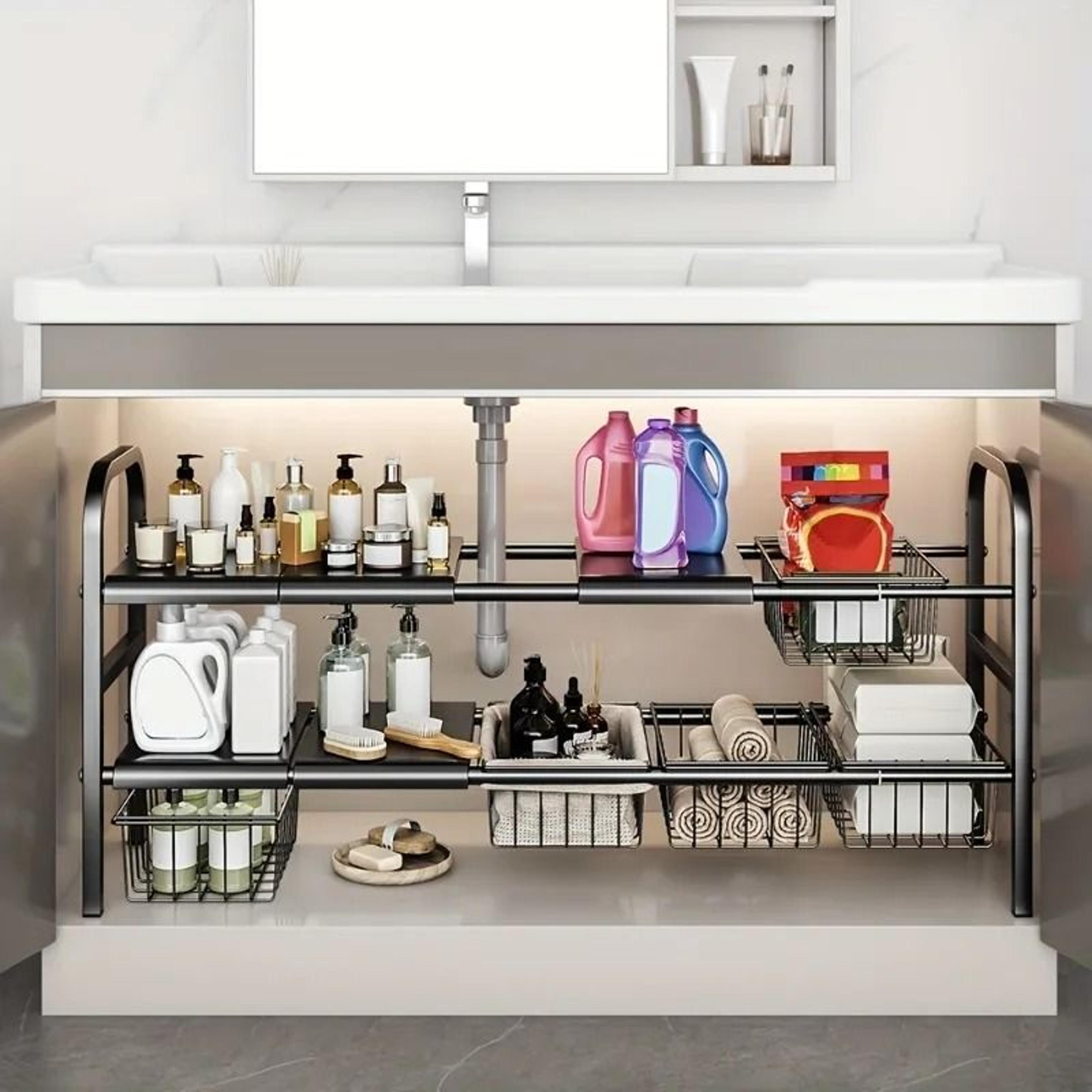 expandable under sink organizer cabinet shelf storage rack