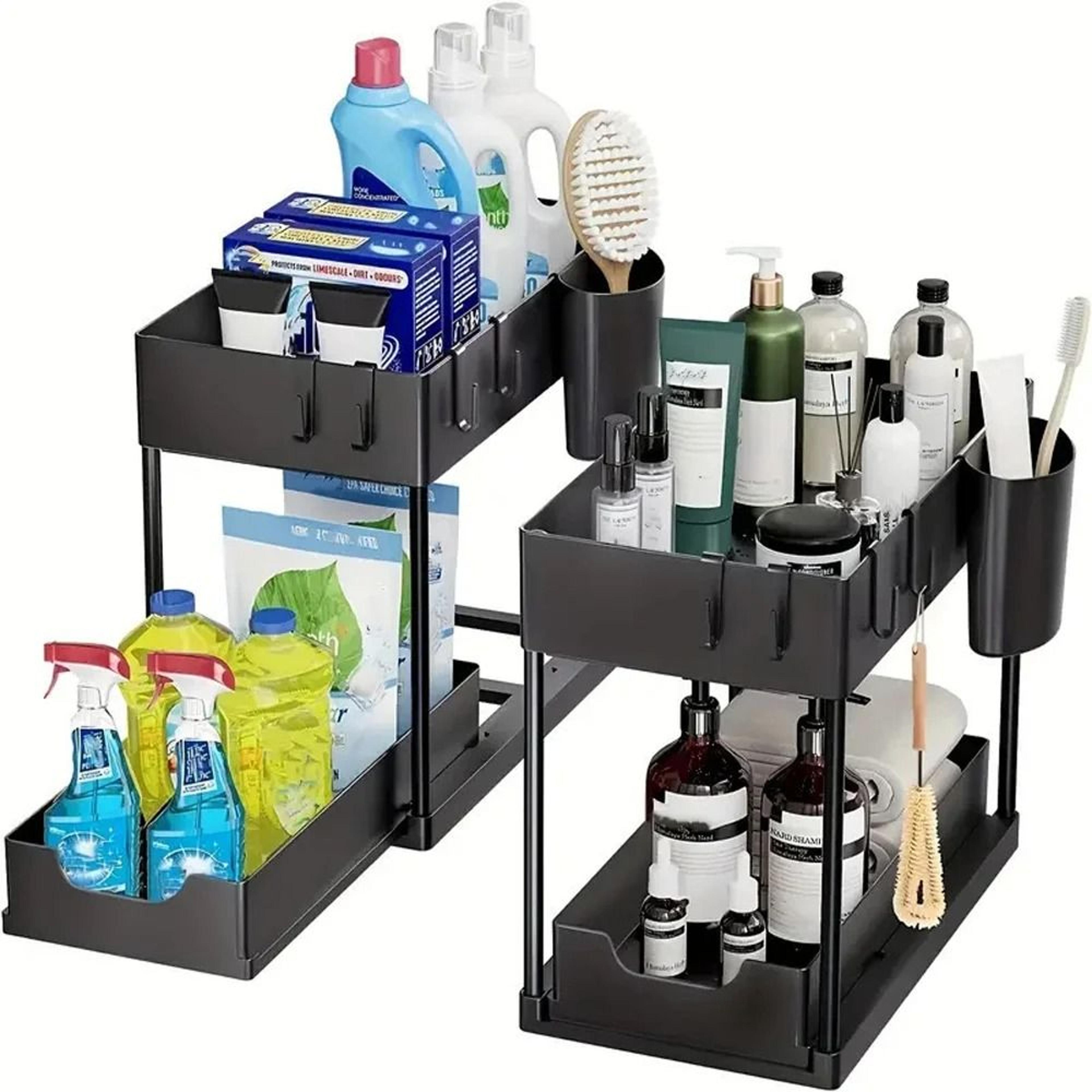 two tier under sink organizer with sliding basket hooks and hanging cup