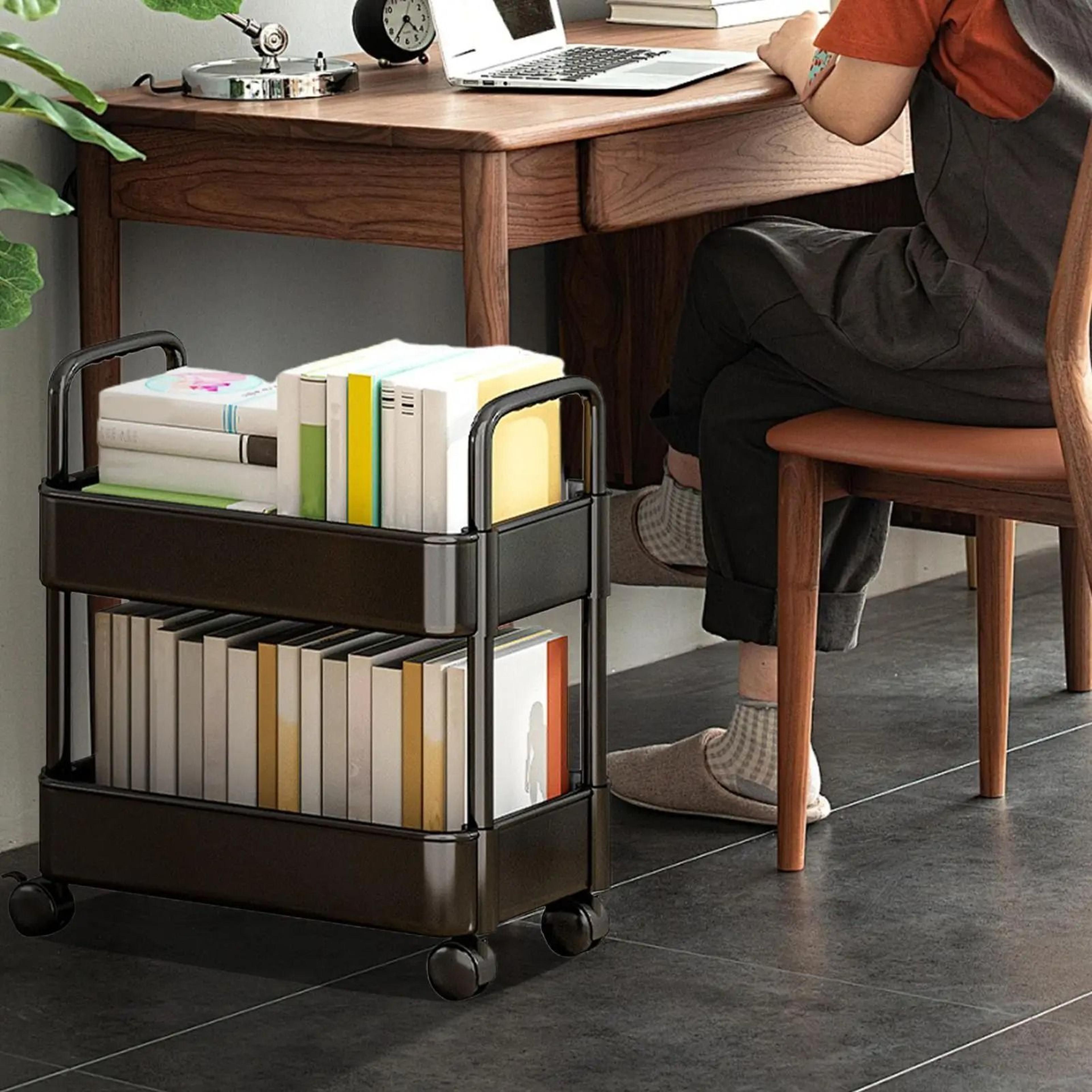 two tier movable bookshelf cart with wheels for books toys and snacks