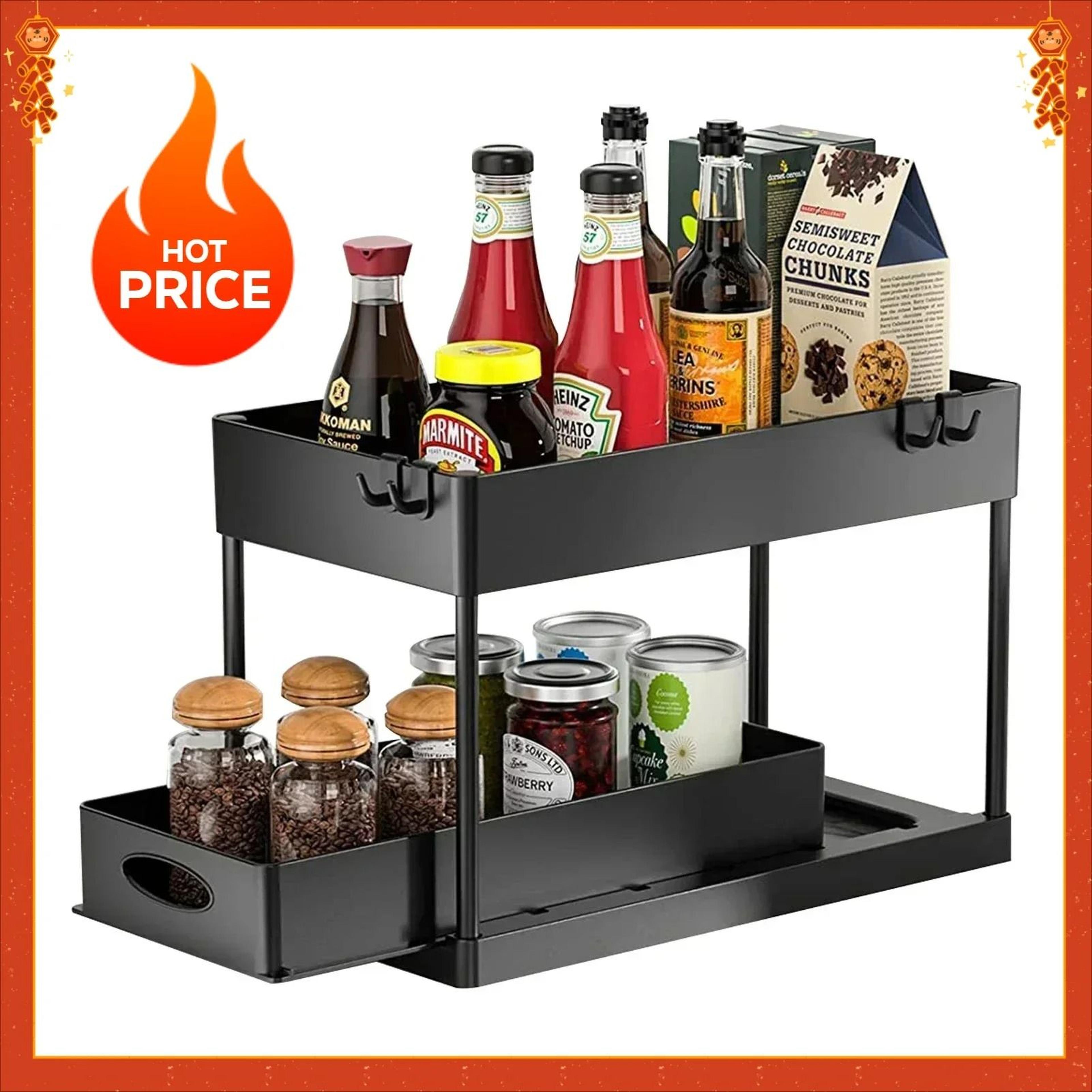 two tier sliding under sink organizer with hooks and hanging cup