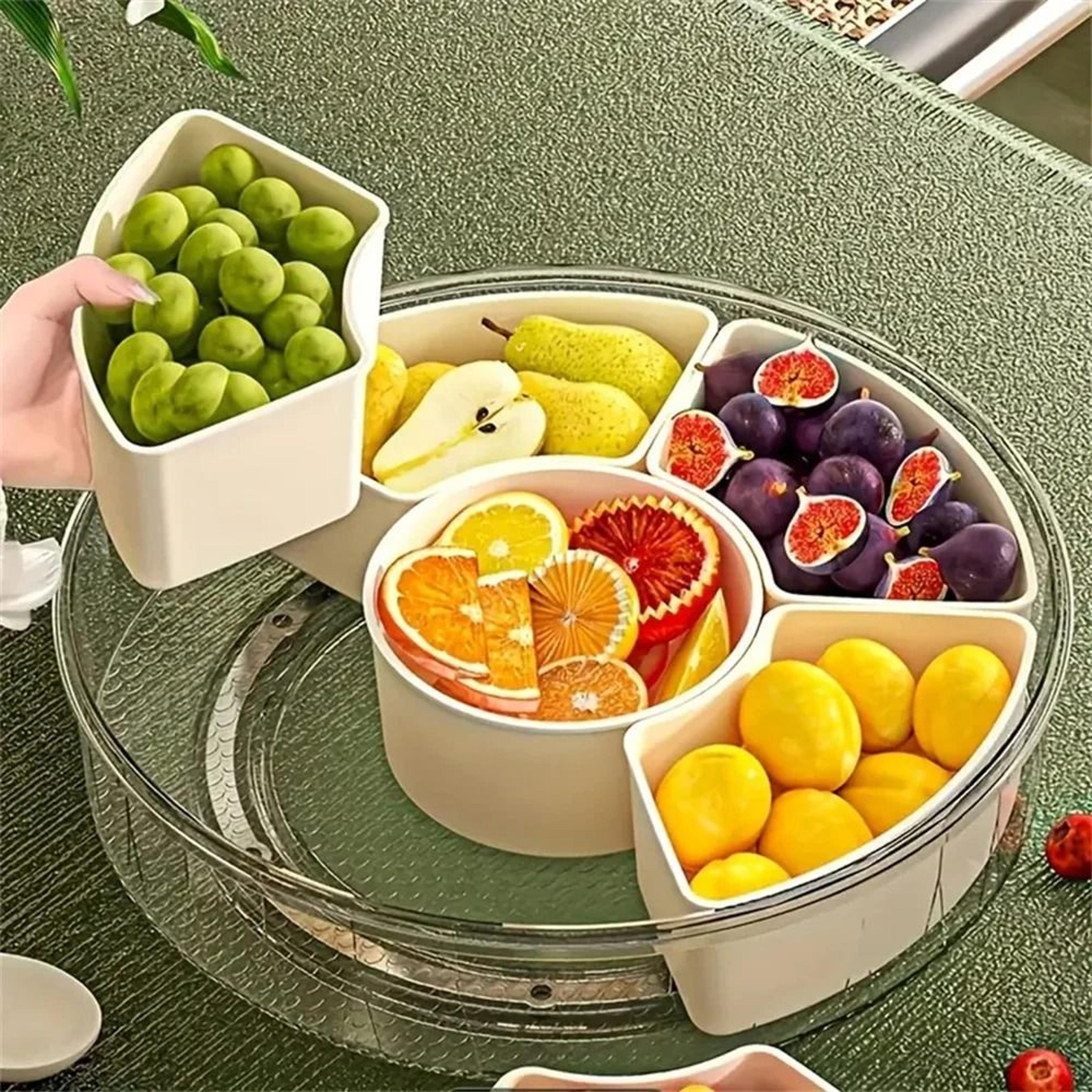 divided rotating snack tray with lid and handle