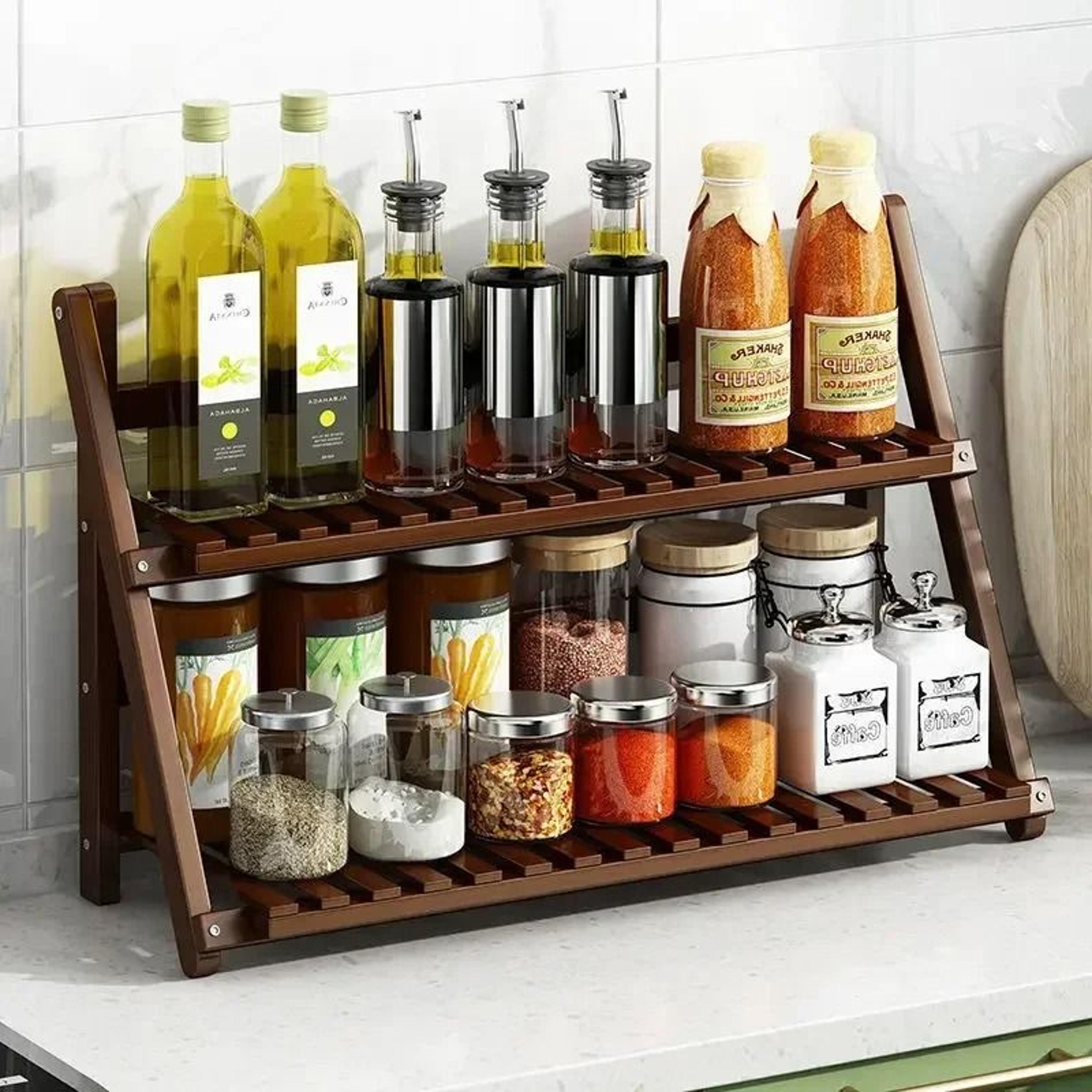 folding bamboo two layer seasoning rack and desktop organizer