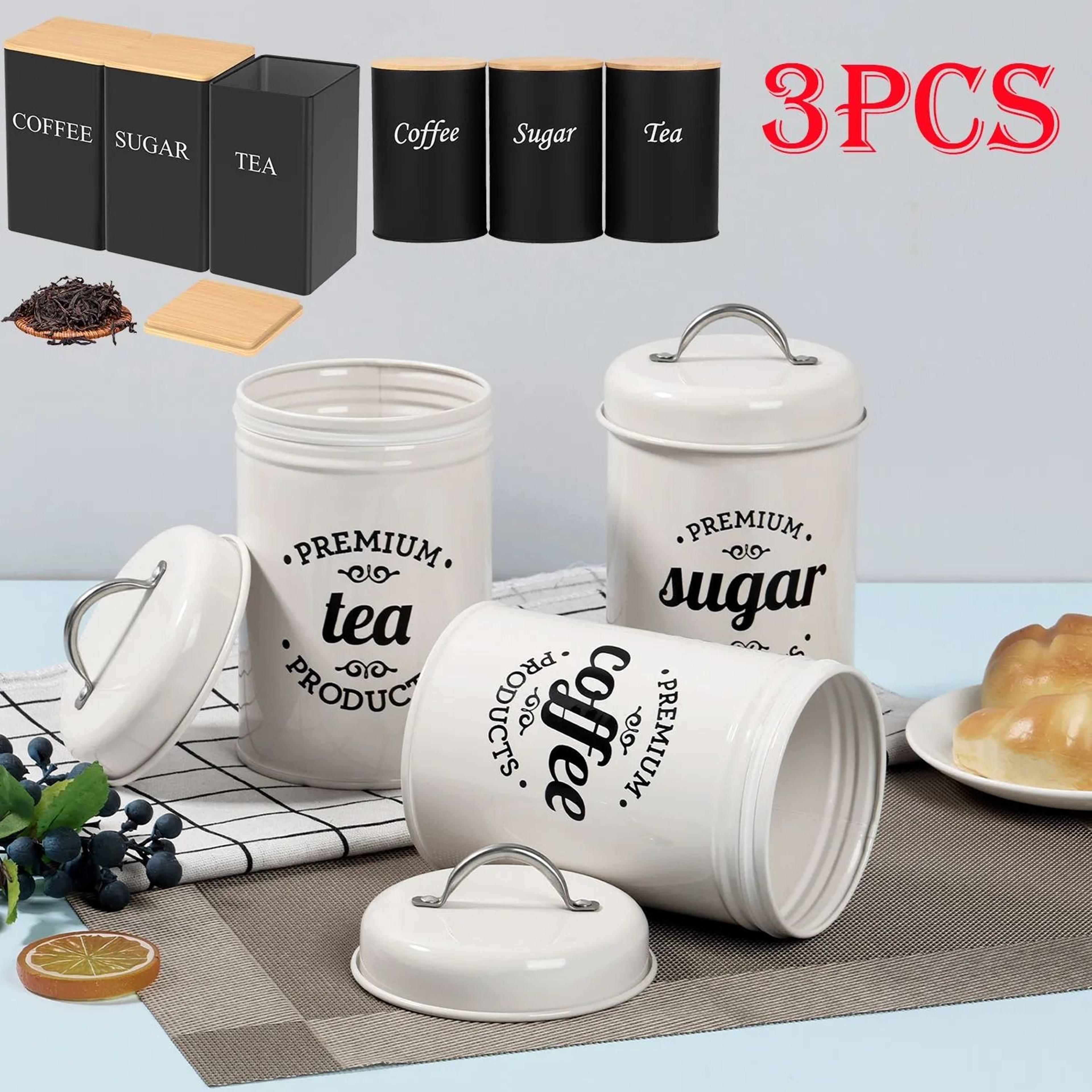 three piece metal coffee tea sugar canister set for kitchen counter storage
