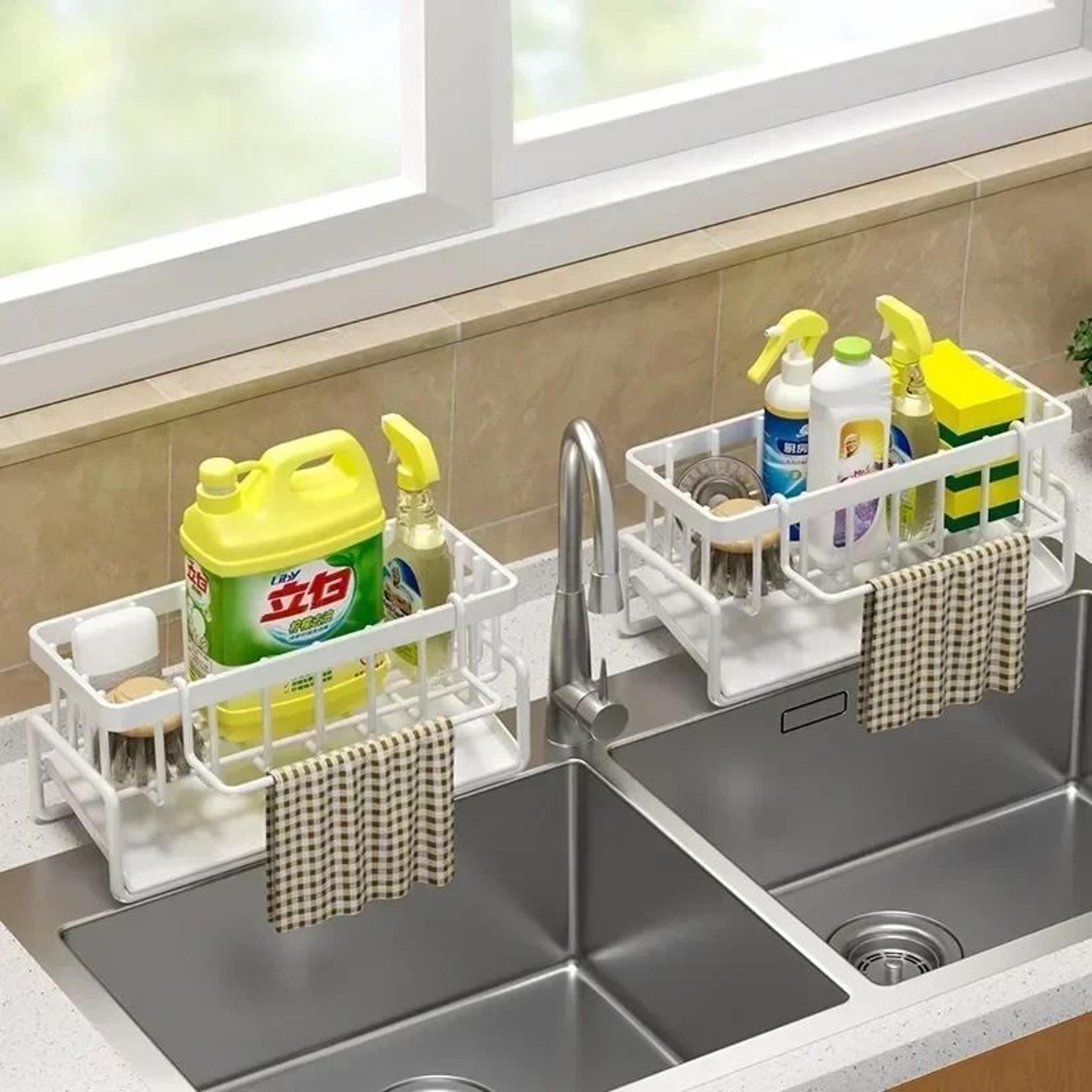 space saving kitchen sink dish rack sponge holder with drain basket organizer