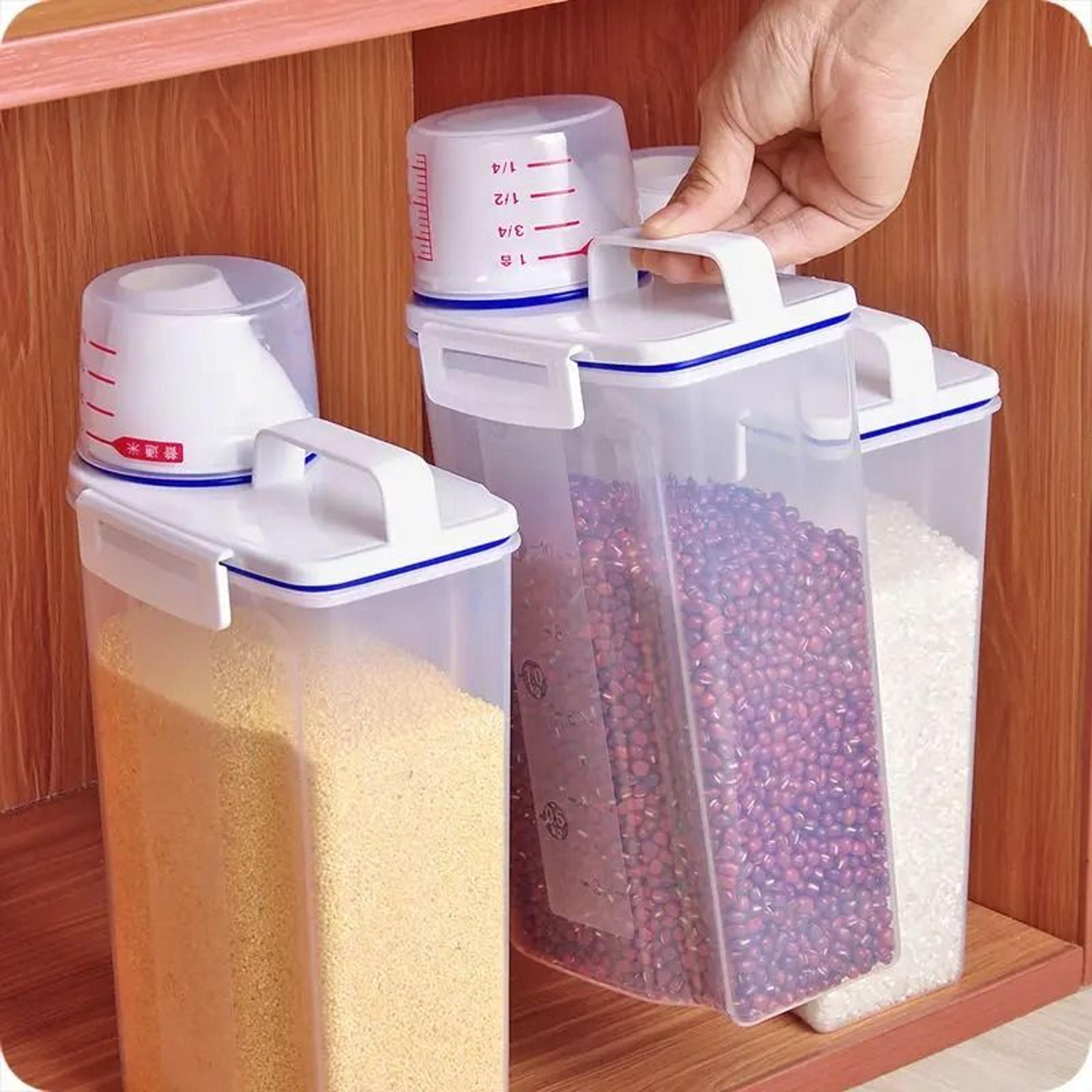 compact rice dispenser container with measuring cup for pantry grain storage