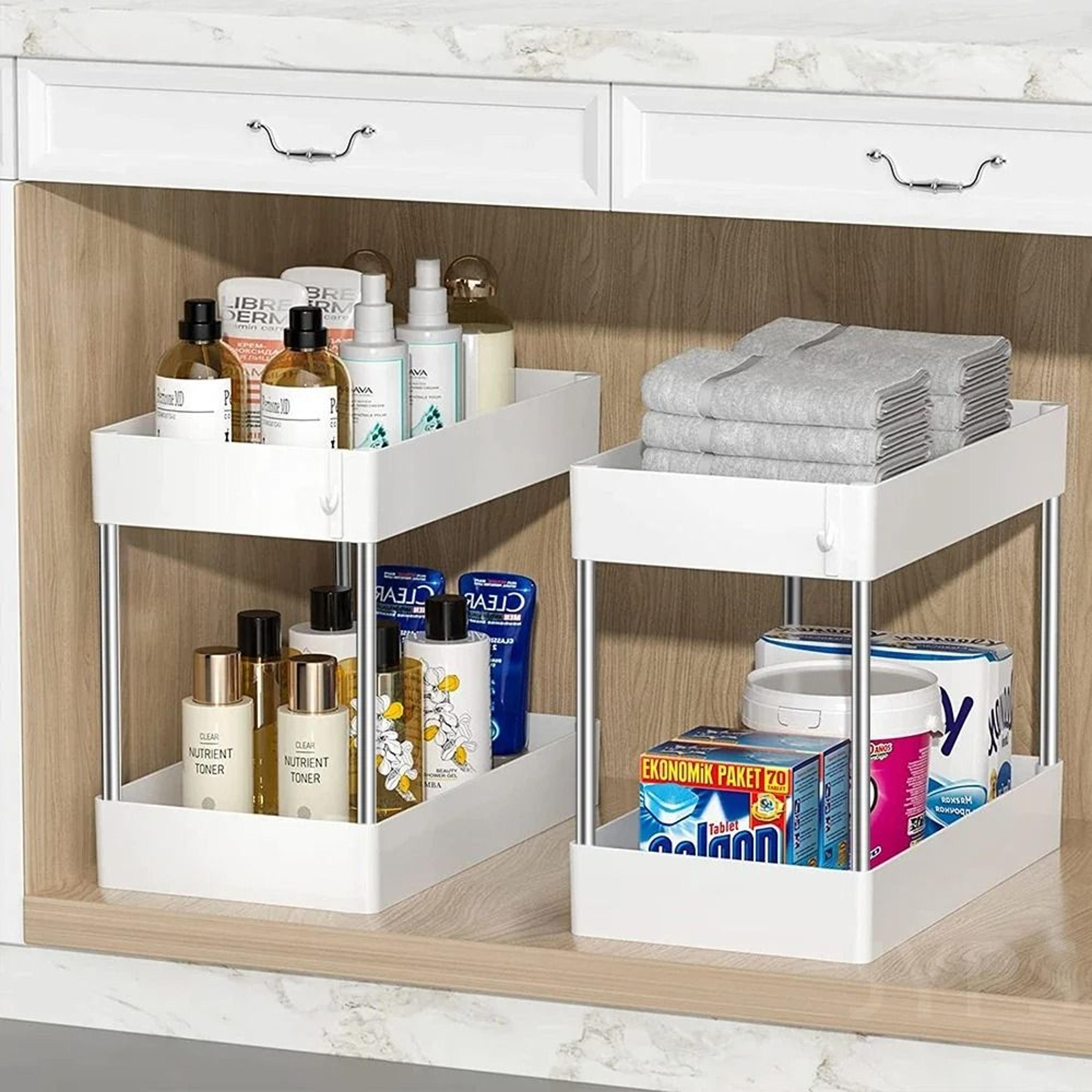 two tier under sink organizer rack for kitchen bathroom cabinet storage