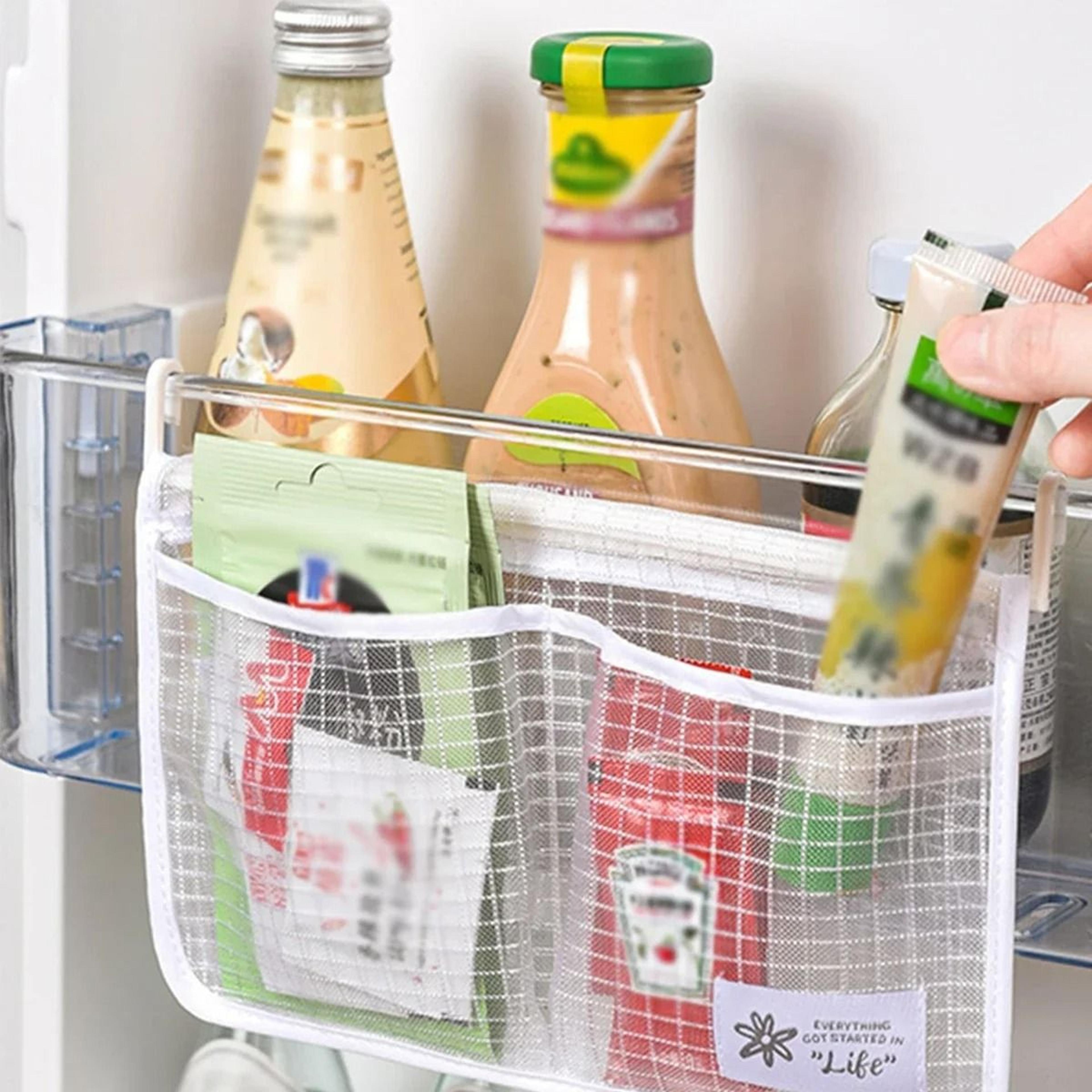 double compartment hanging mesh storage bag for refrigerator kitchen organization