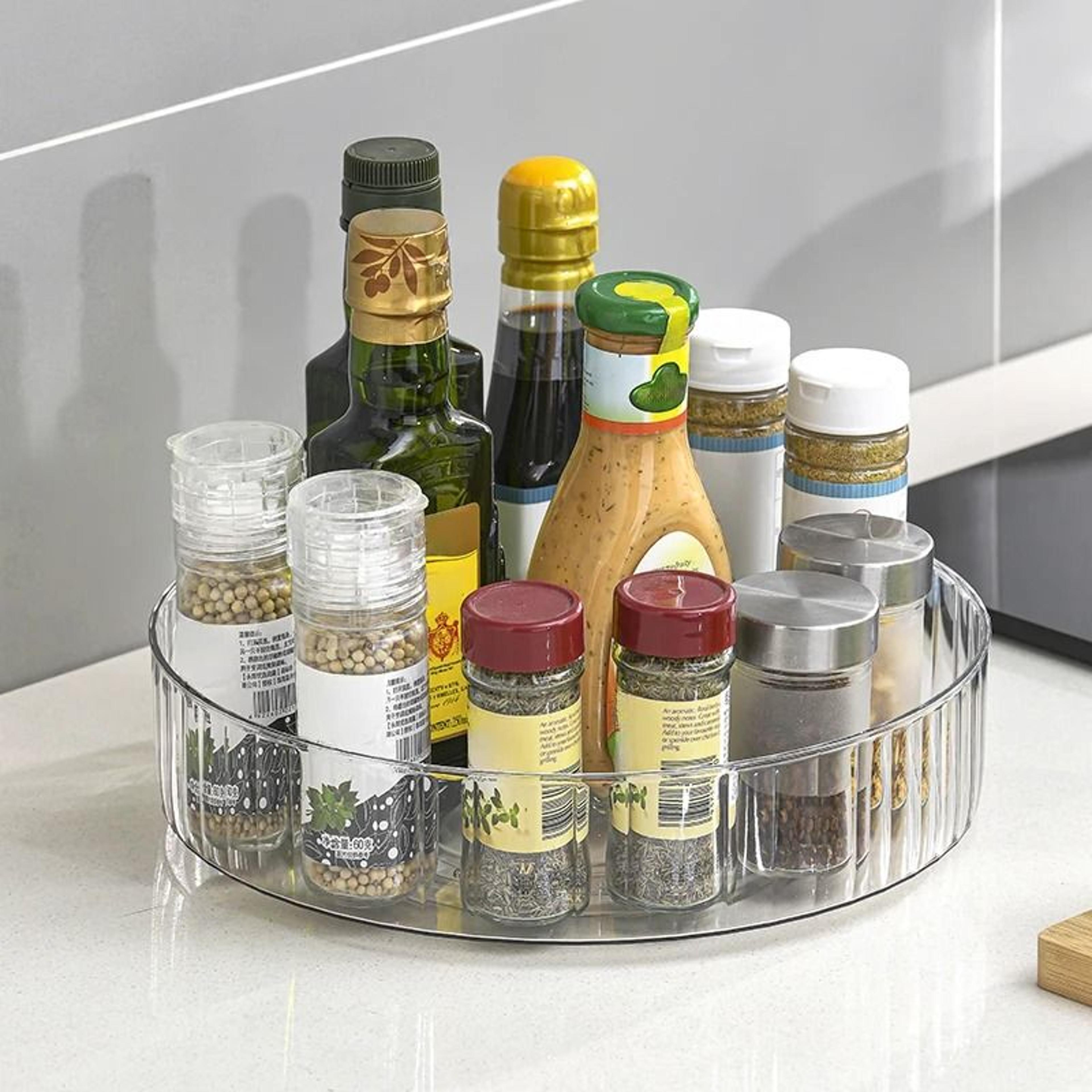 clear rotating lazy susan tray for fridge and spice storage