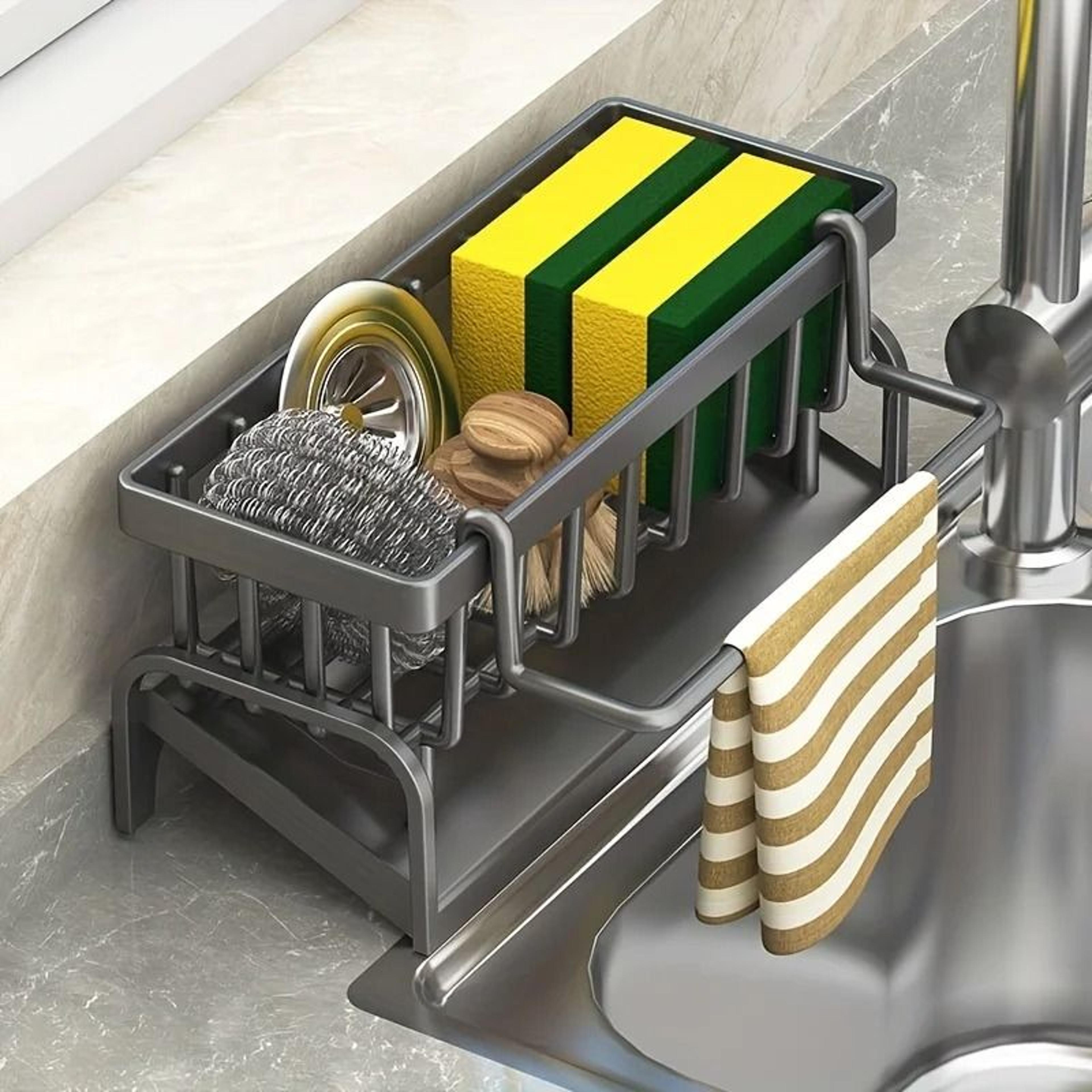 sponge drain rack with brush and detergent holder for sink storage