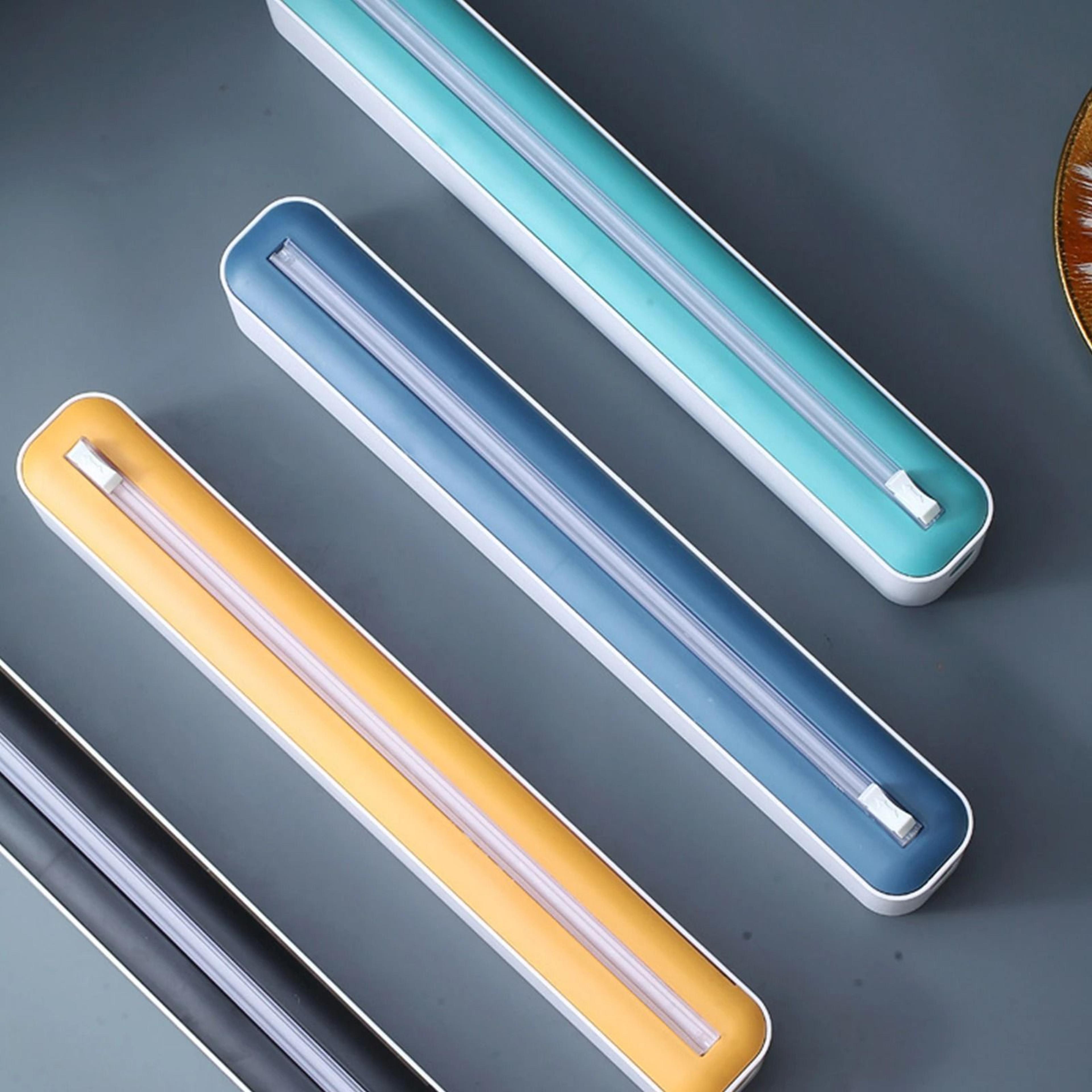 refillable plastic wrap dispenser with slide cutter for kitchen storage