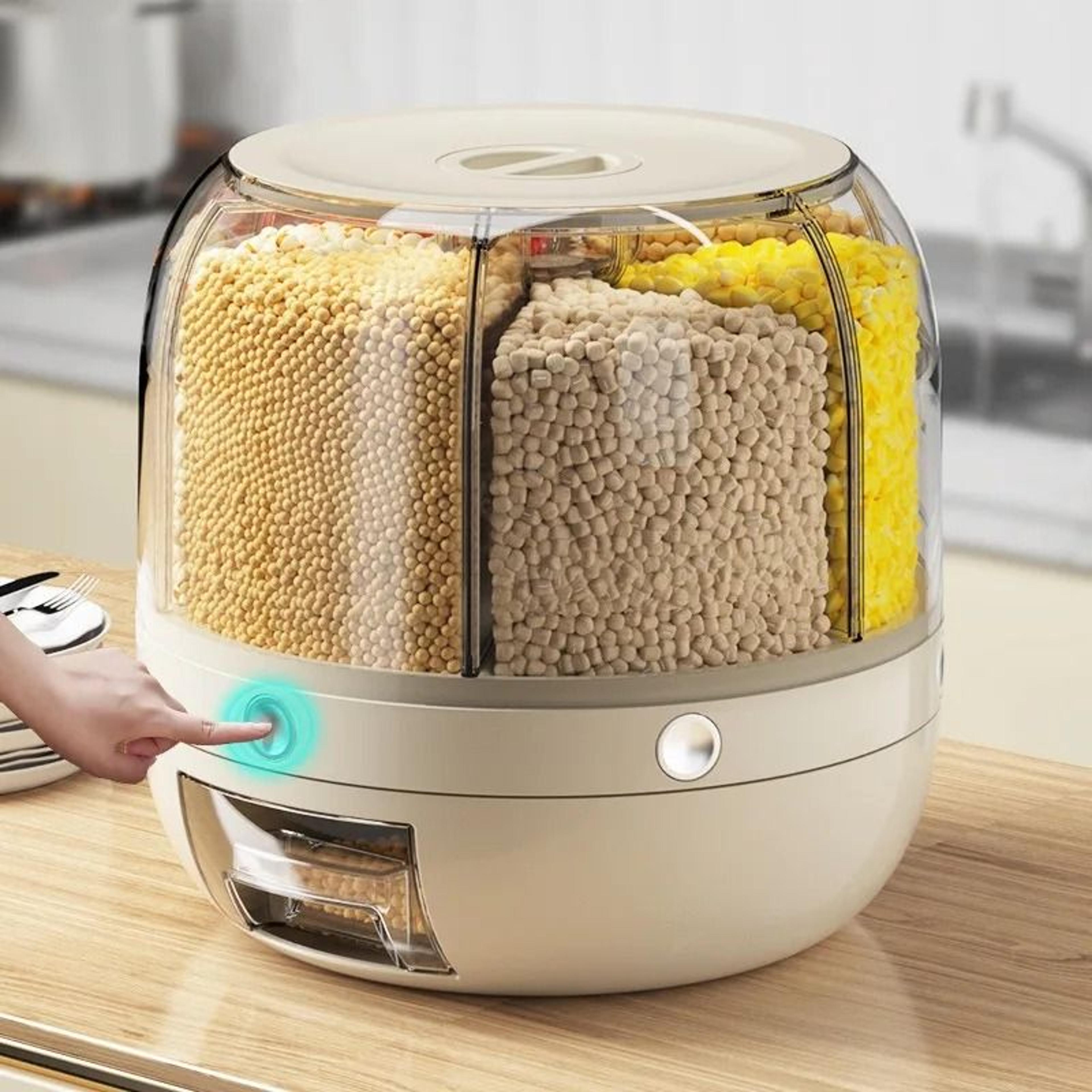 rotating rice storage bucket with multi grid grain organizer