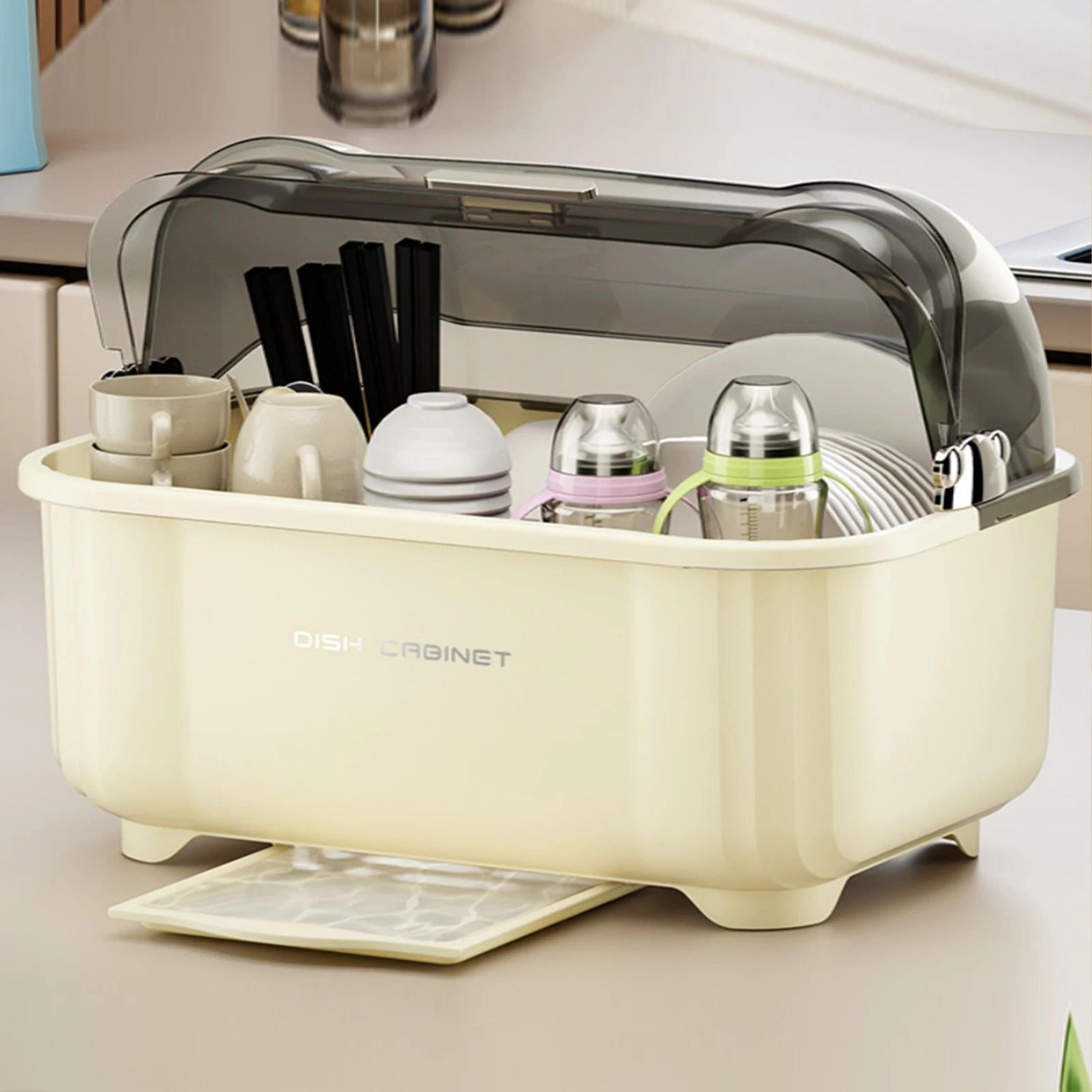 large capacity dish drying rack with lid and utensil storage box