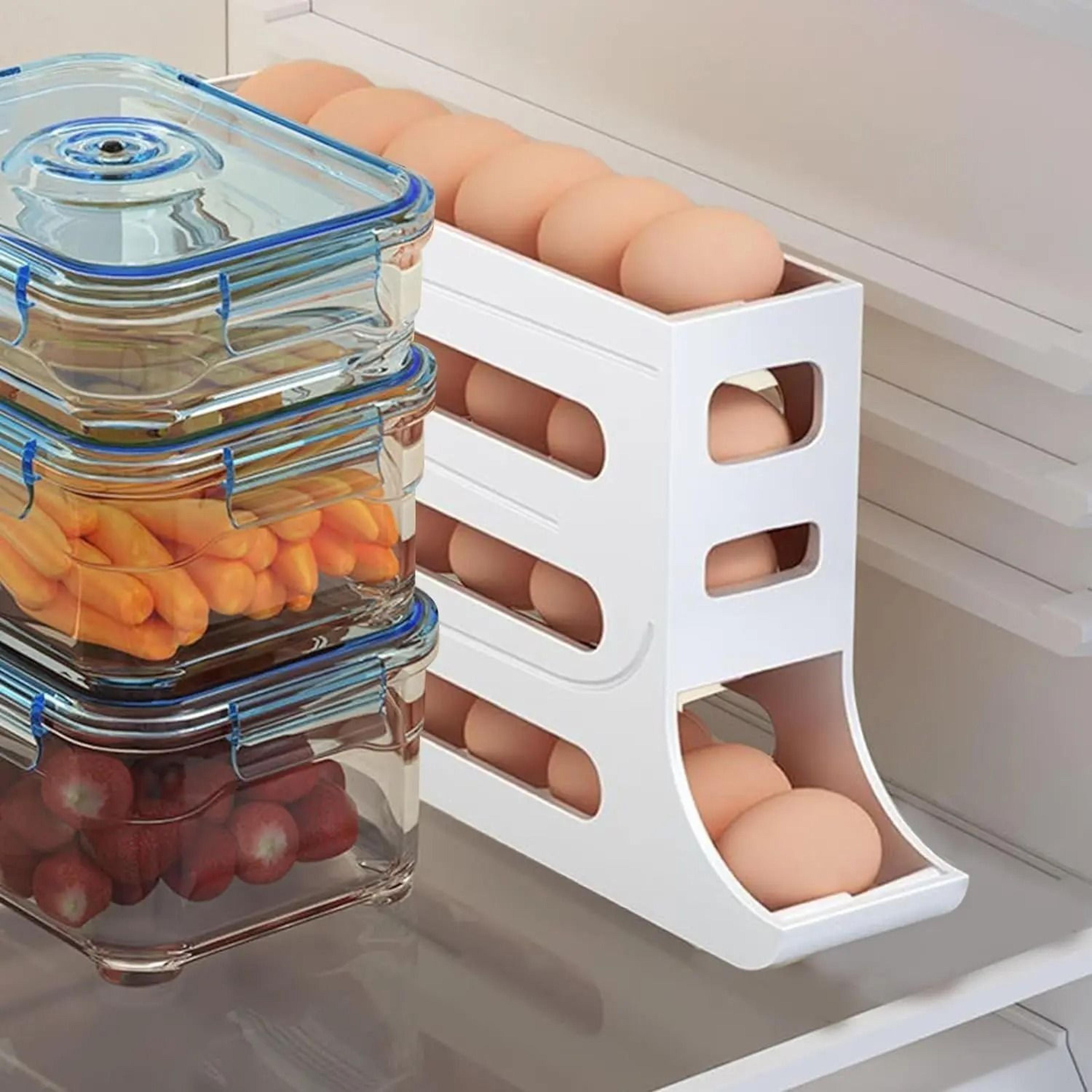 four tier rolling egg holder for refrigerator storage and kitchen organization