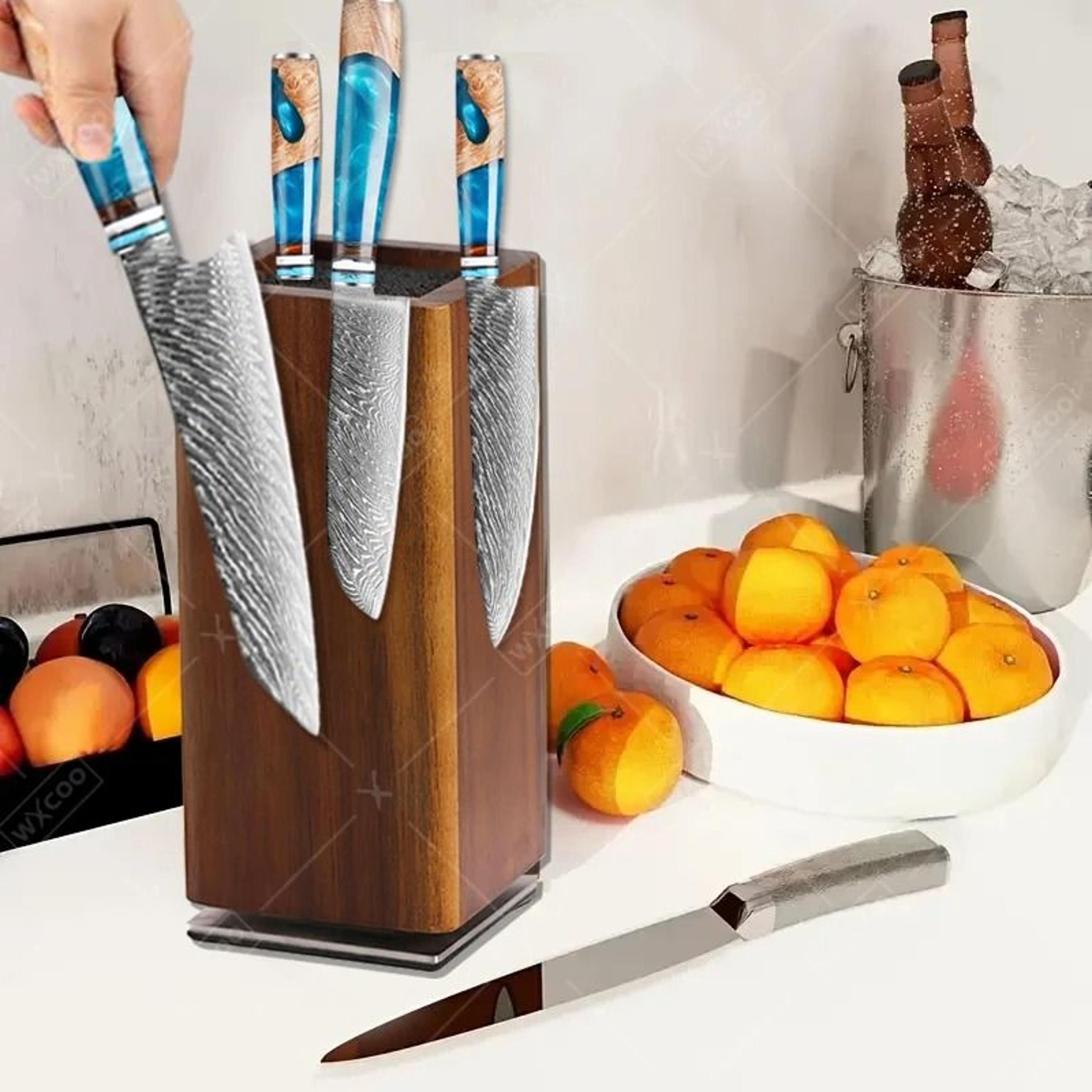 rotating magnetic knife holder acacia wood countertop knife block rack stand