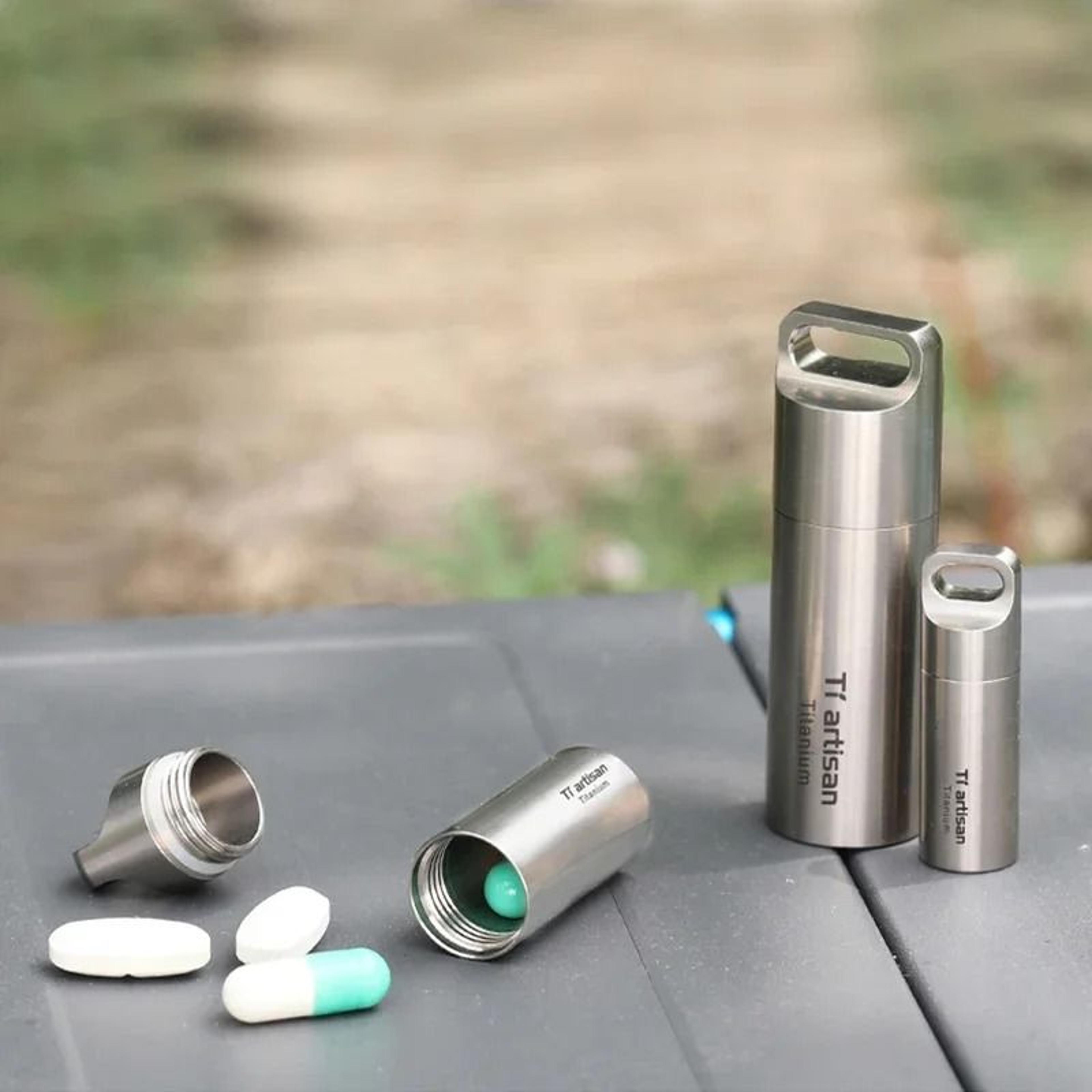 waterproof titanium pill case keychain for travel medicine and outdoor storage