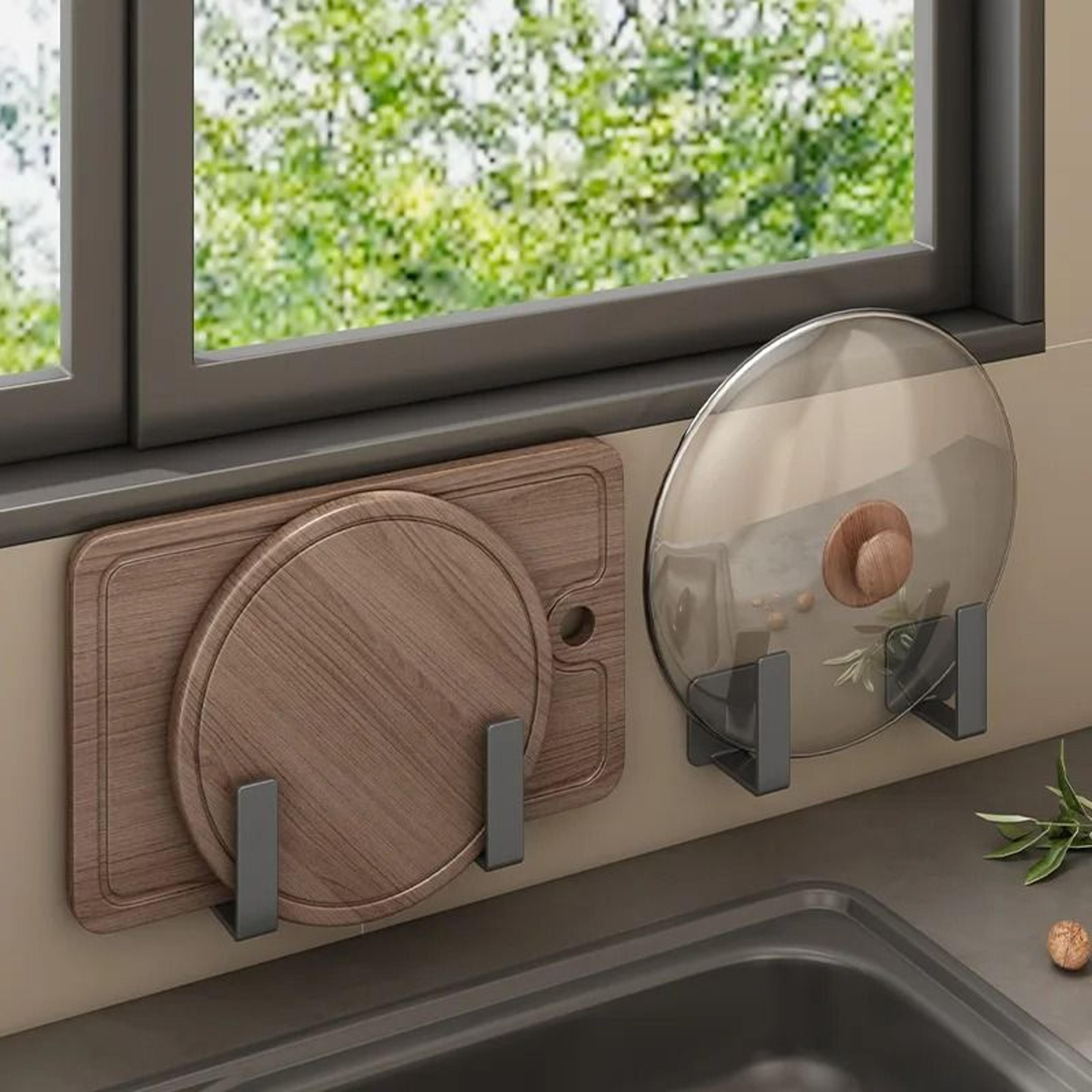 no drill wall mounted pot lid rack for cutting boards and kitchen storage