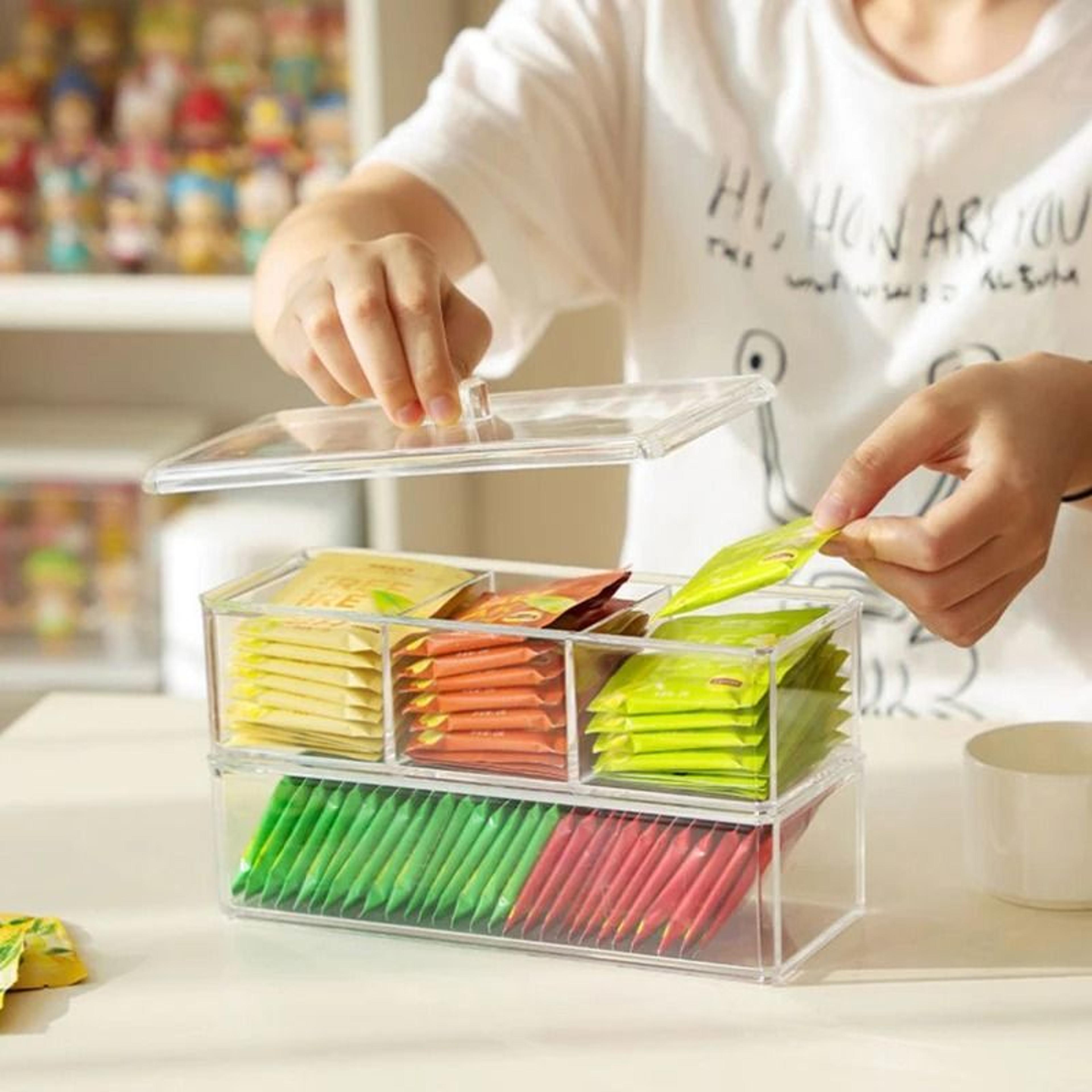 clear tea bag storage box with lid for coffee capsules and kitchen organization