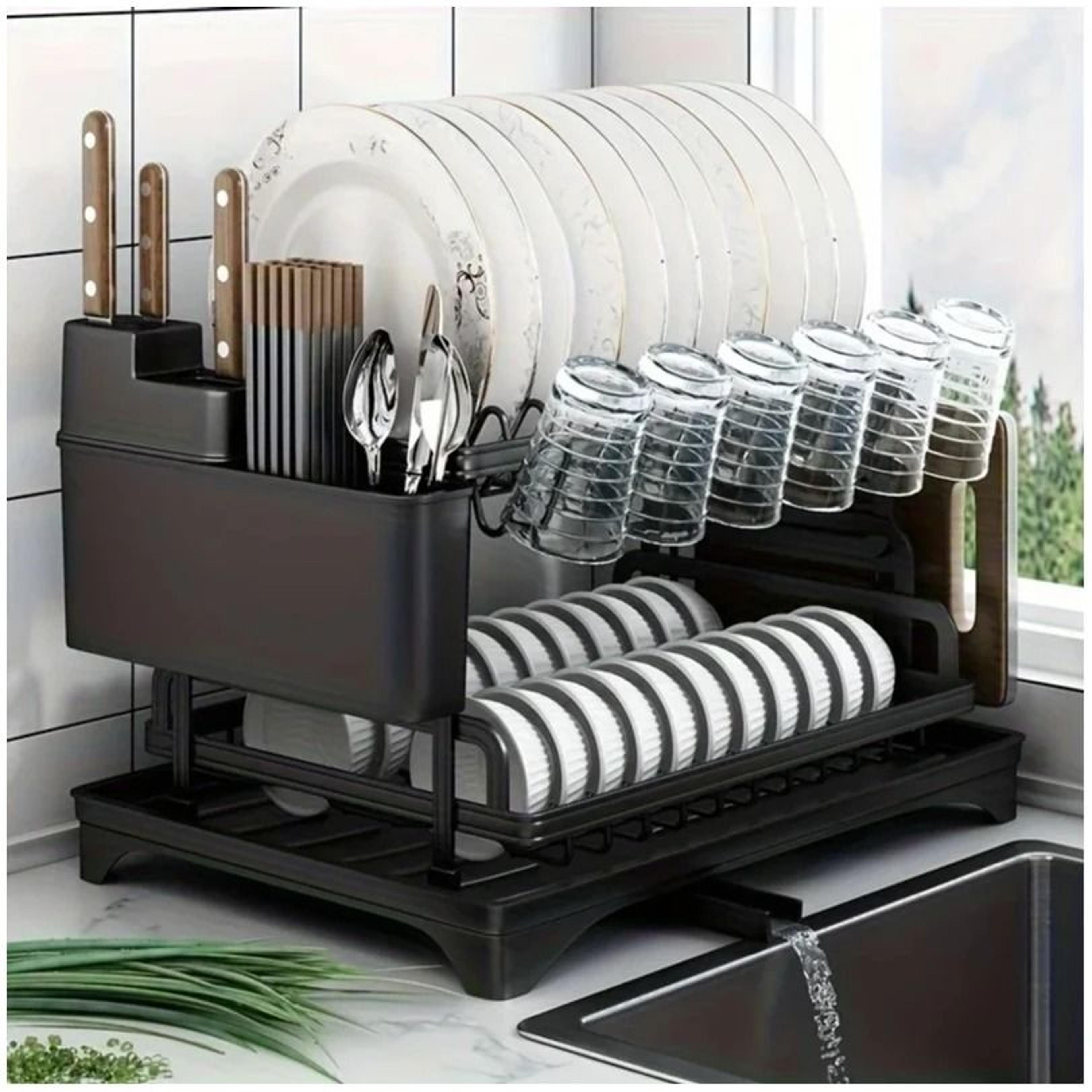 2 tier dish drying rack with bowl drainer and cutlery holder