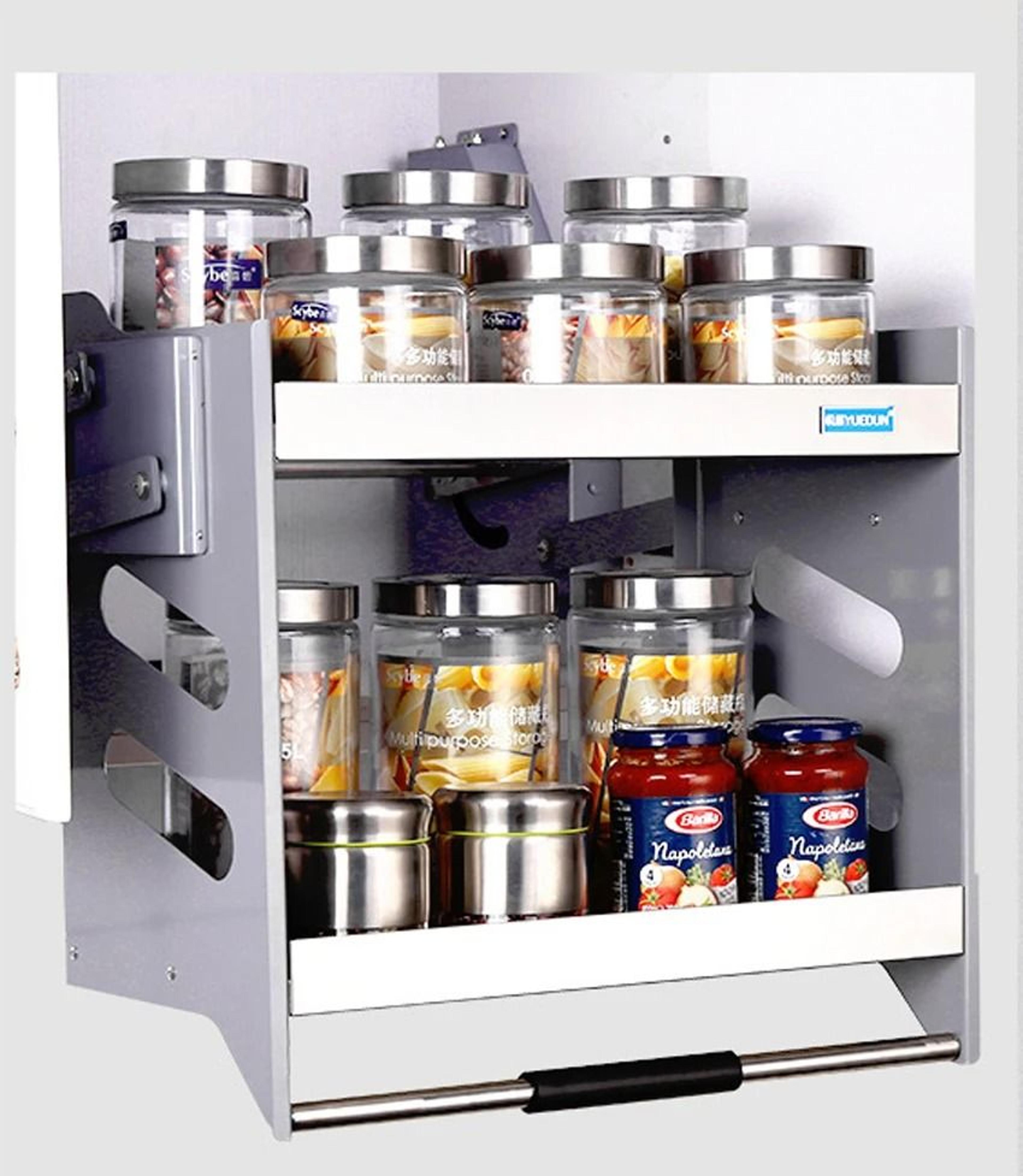 pull down kitchen cabinet basket for seasoning bottles and pantry storage