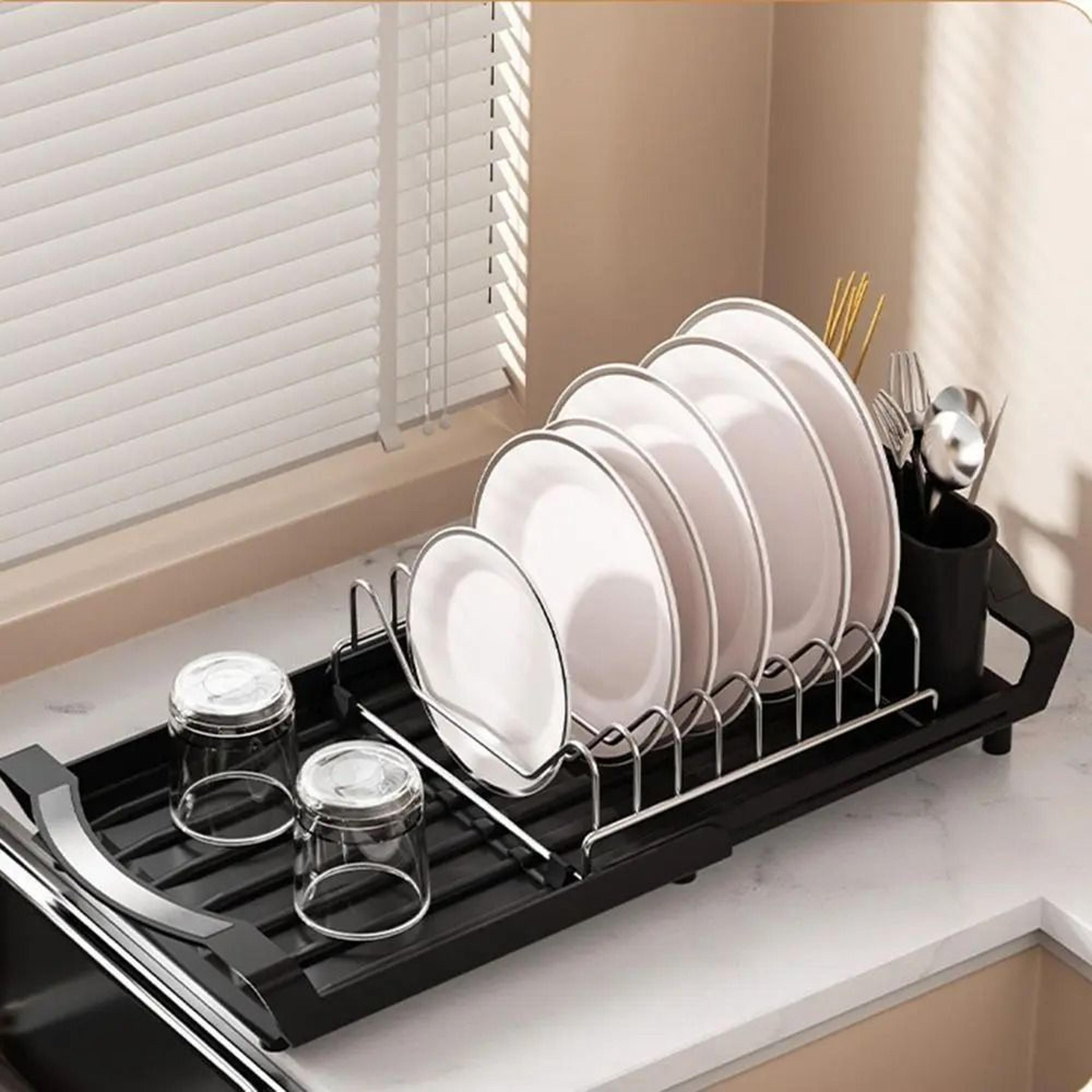 extendable dish drying rack with utensil holder