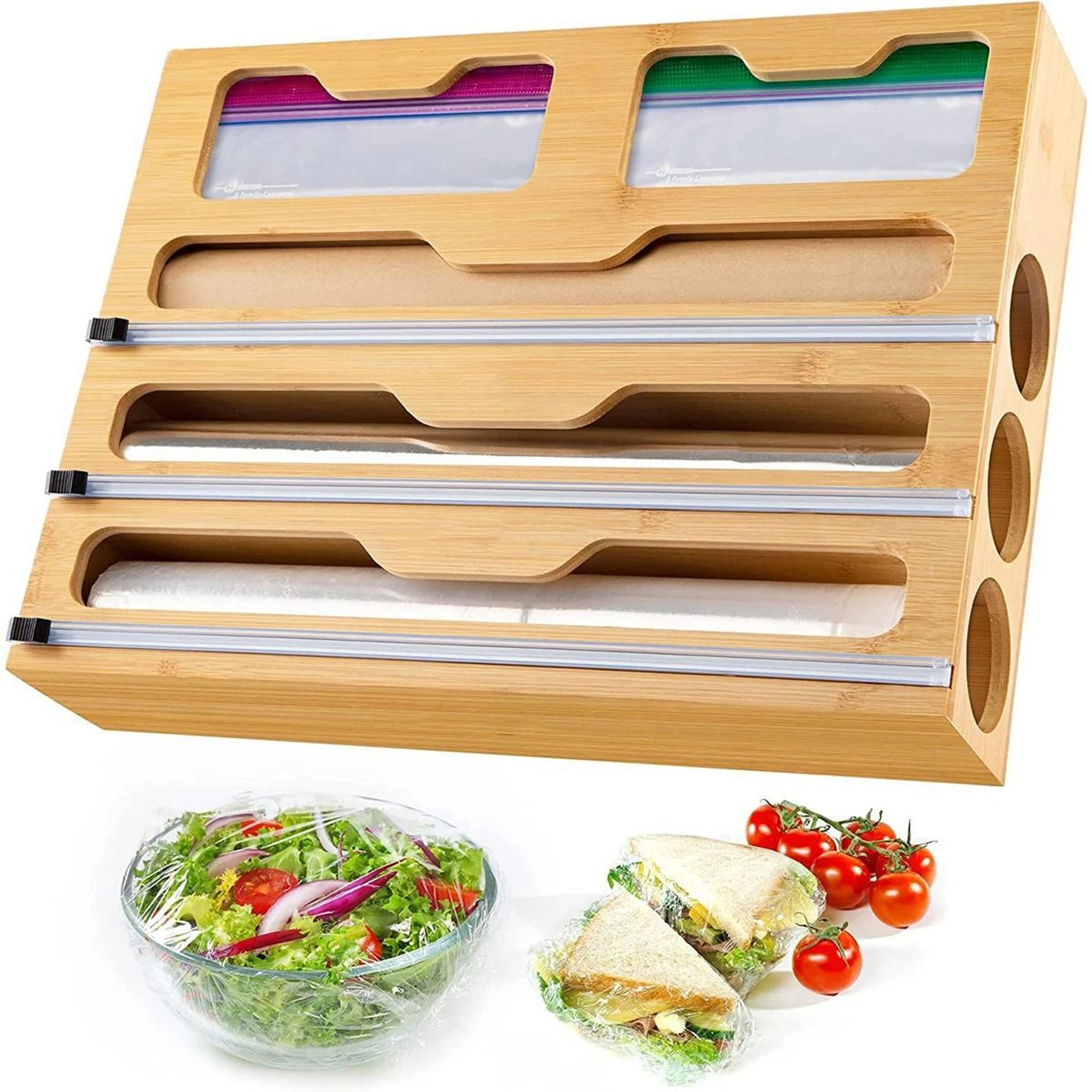 bamboo wrap organizer dispenser with cutter labels for kitchen storage drawer