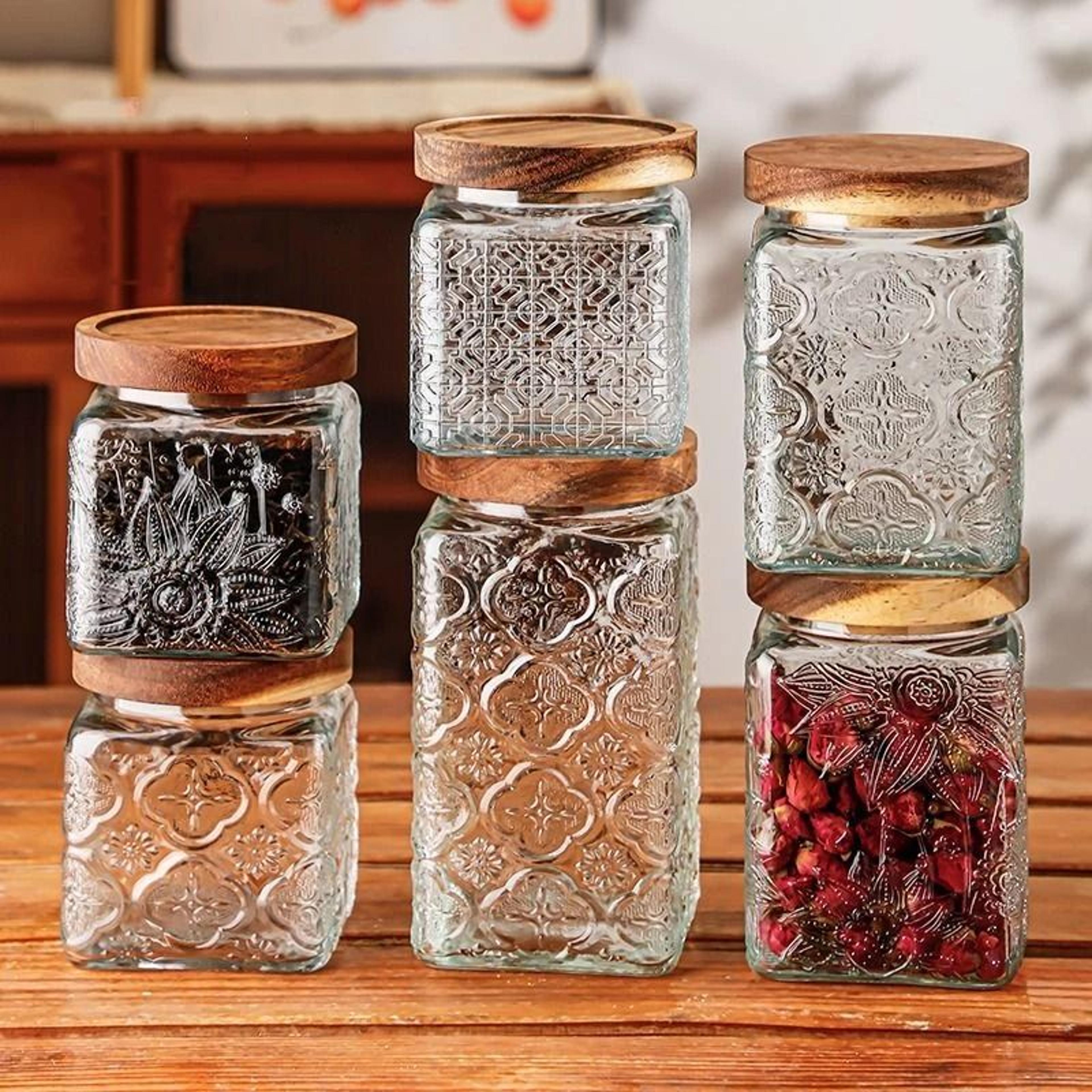 retro embossed glass storage jar bamboo lid for grains snacks kitchen