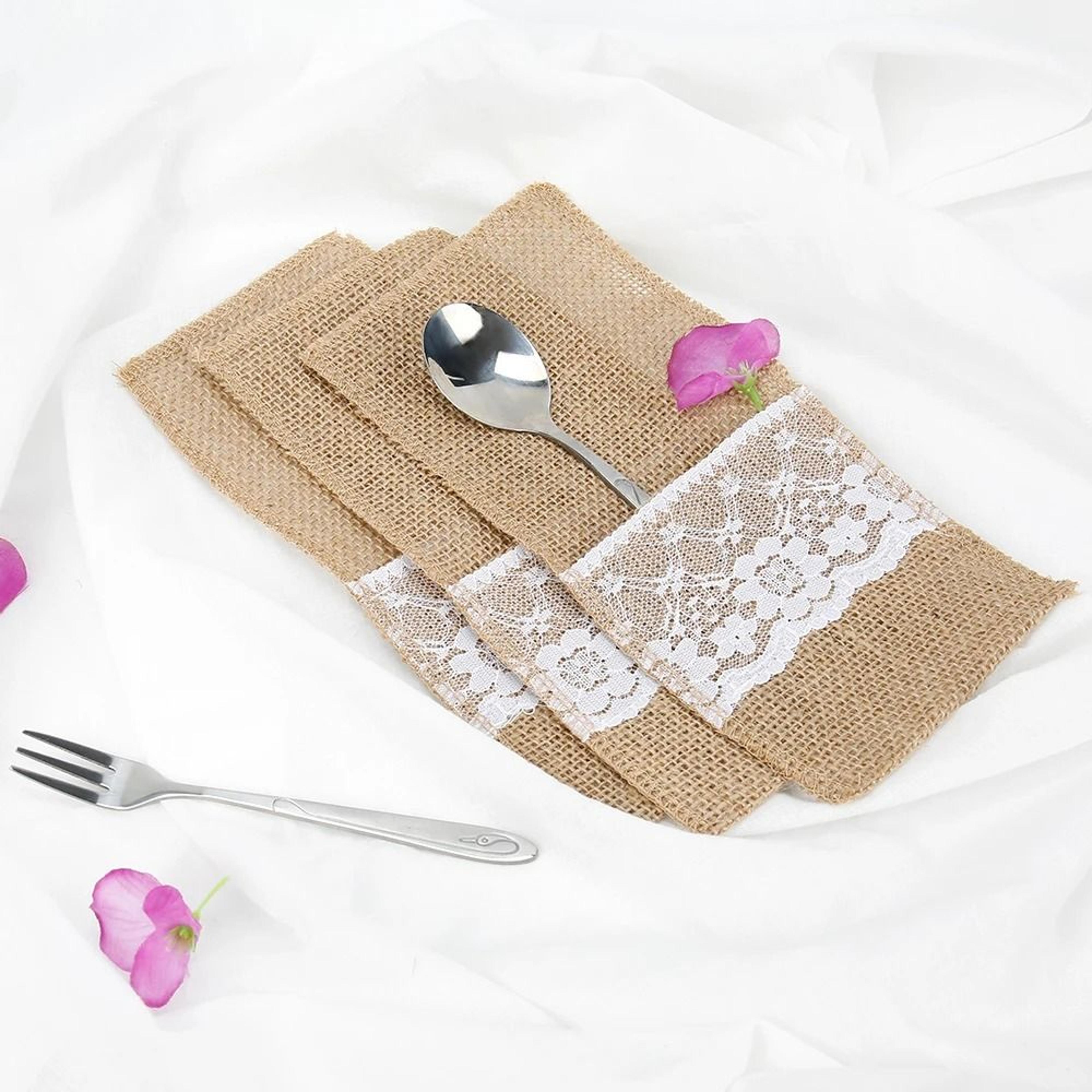 50 piece burlap lace cutlery pouch set for rustic table decor