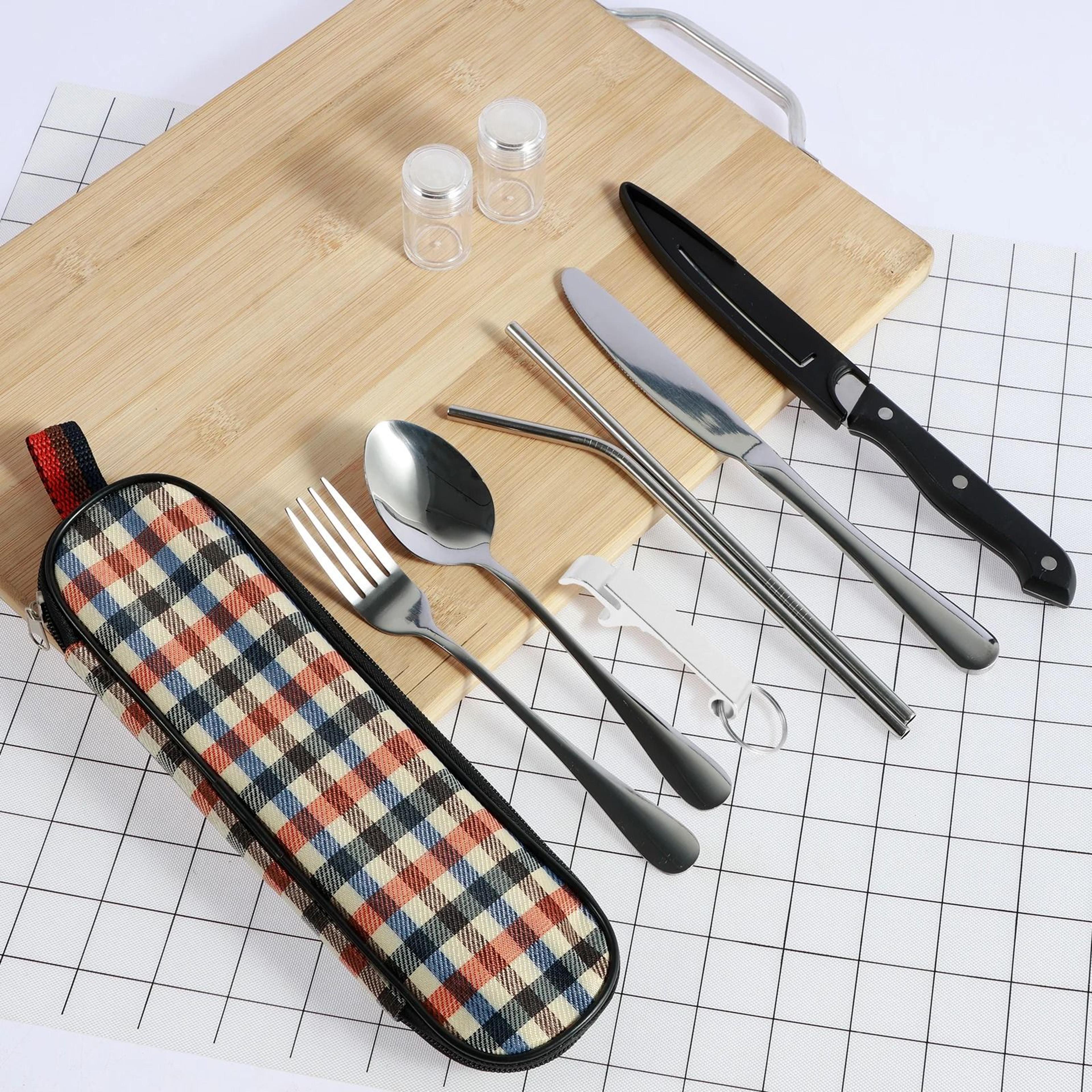 10 piece stainless steel travel cutlery set with storage bag