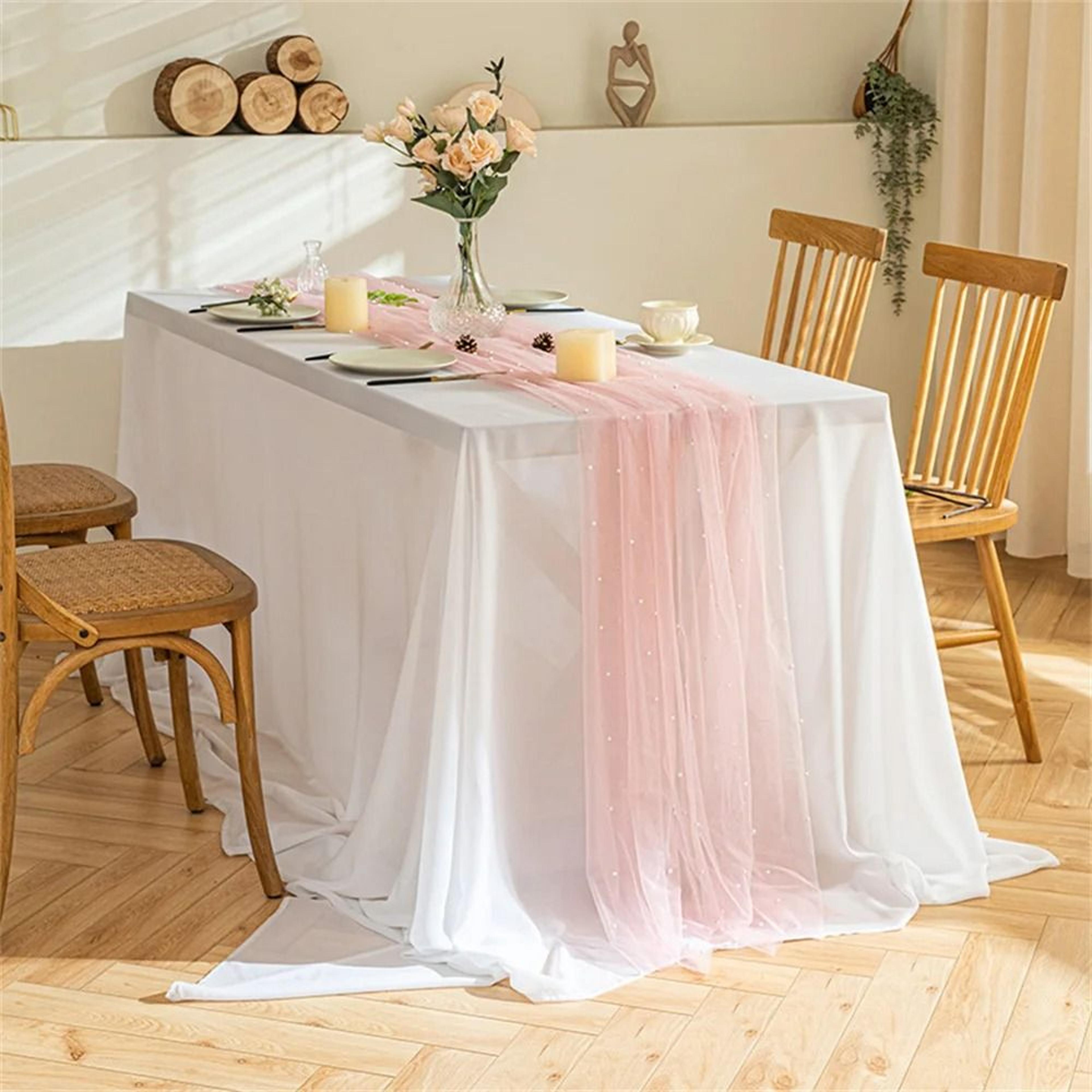 pink gauze pearl table runner for wedding decor