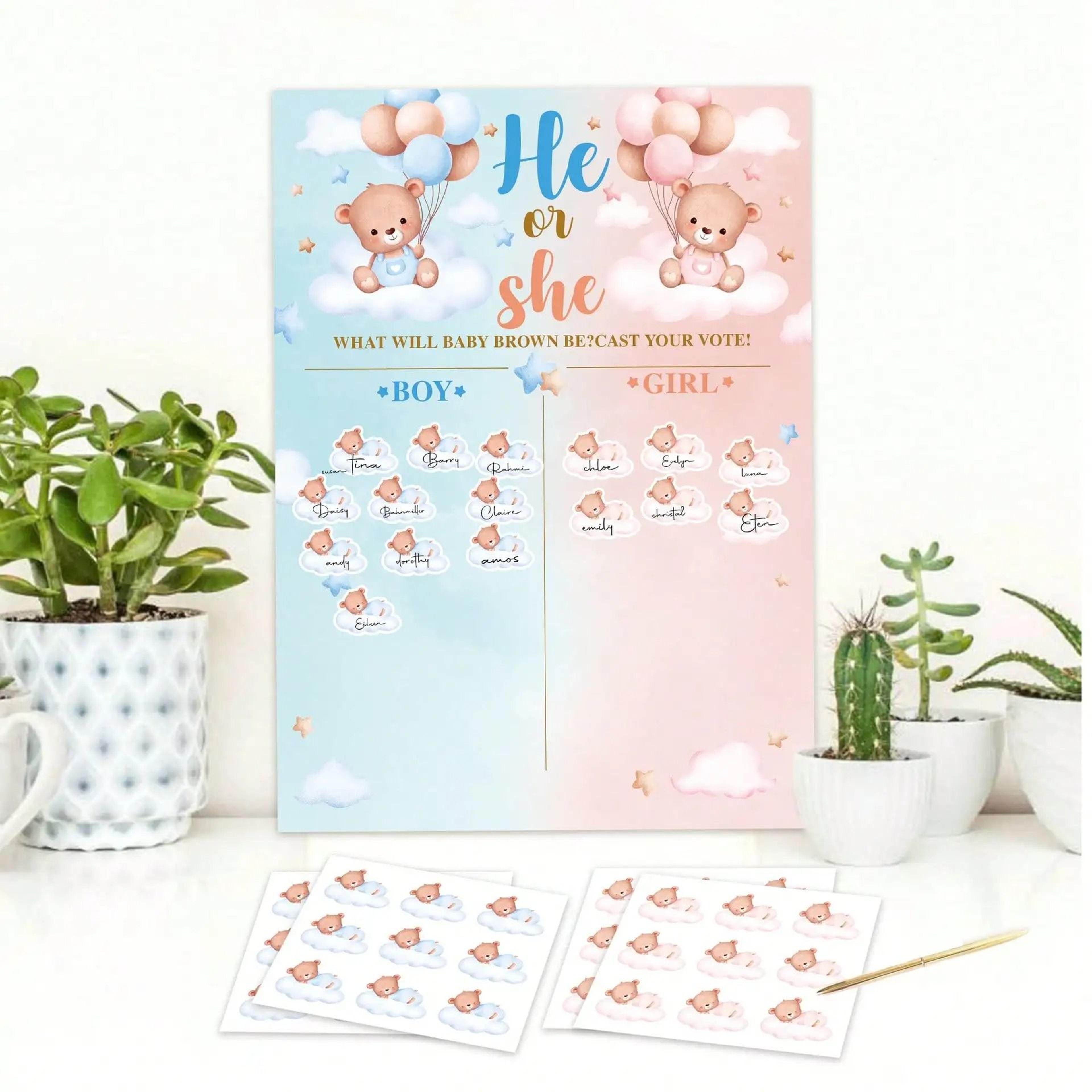 teddy bear gender reveal voting poster game kit