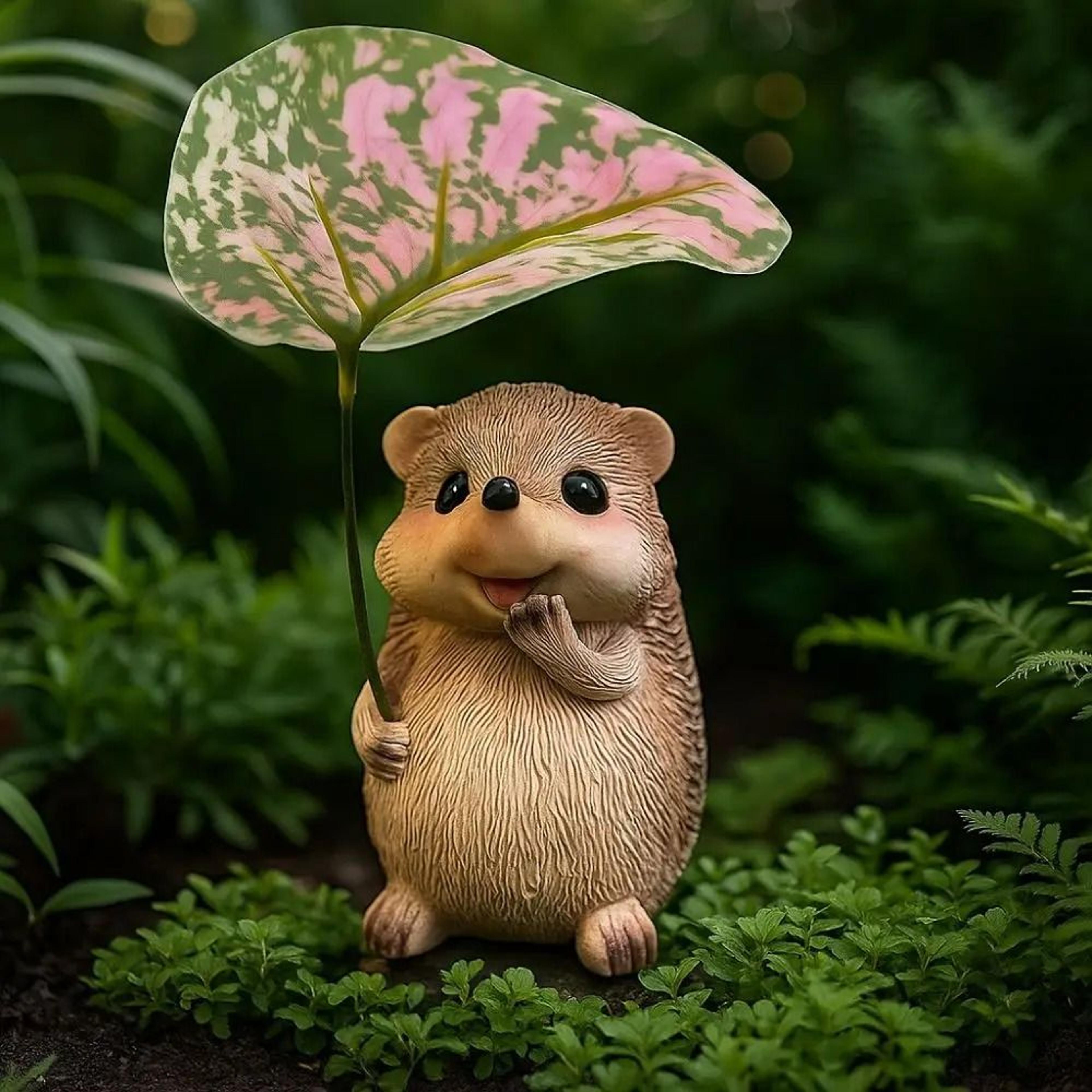cute resin hedgehog garden statue with leaf umbrella for outdoor decor ornament