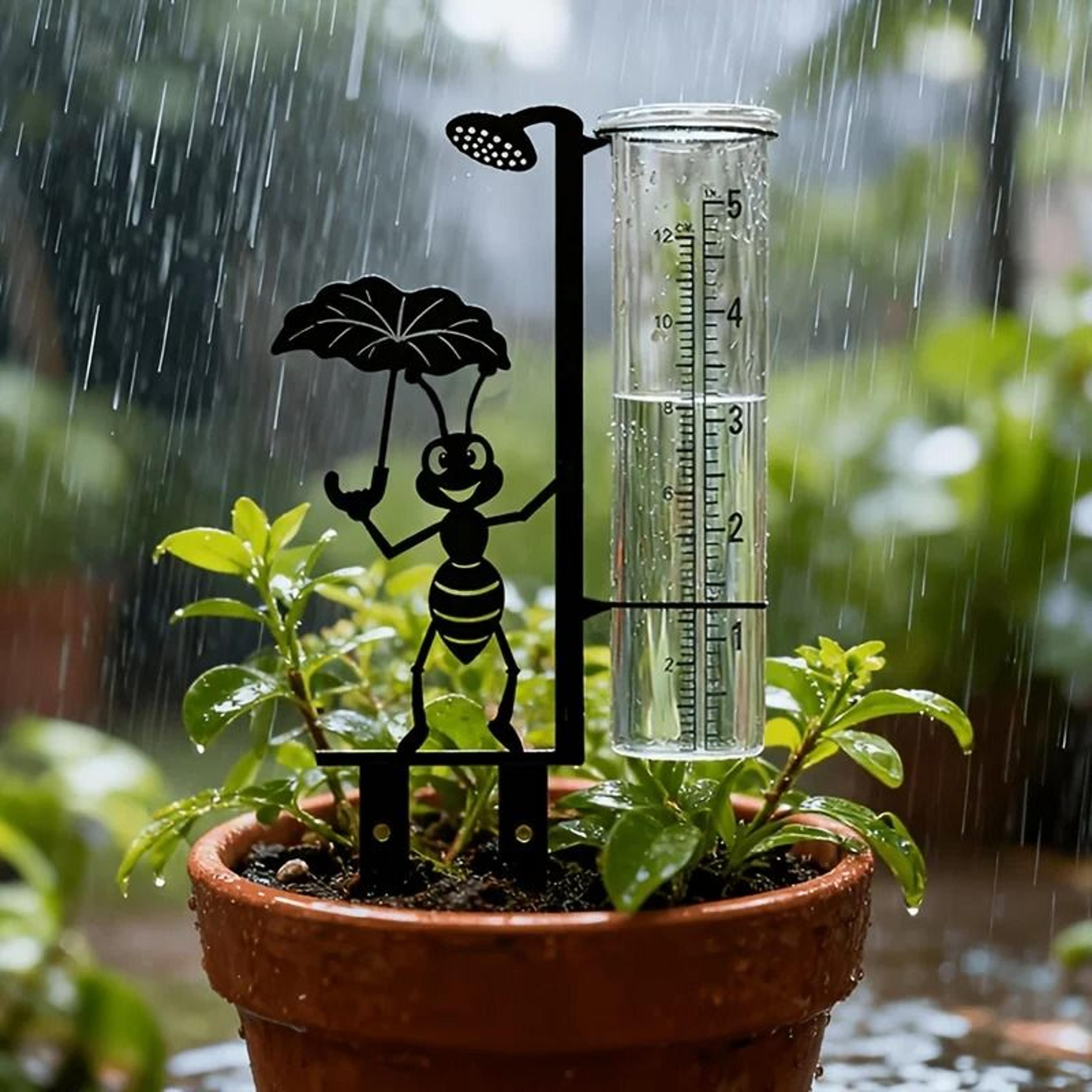 decorative metal ant rain gauge with clear glass measuring cup for gardens