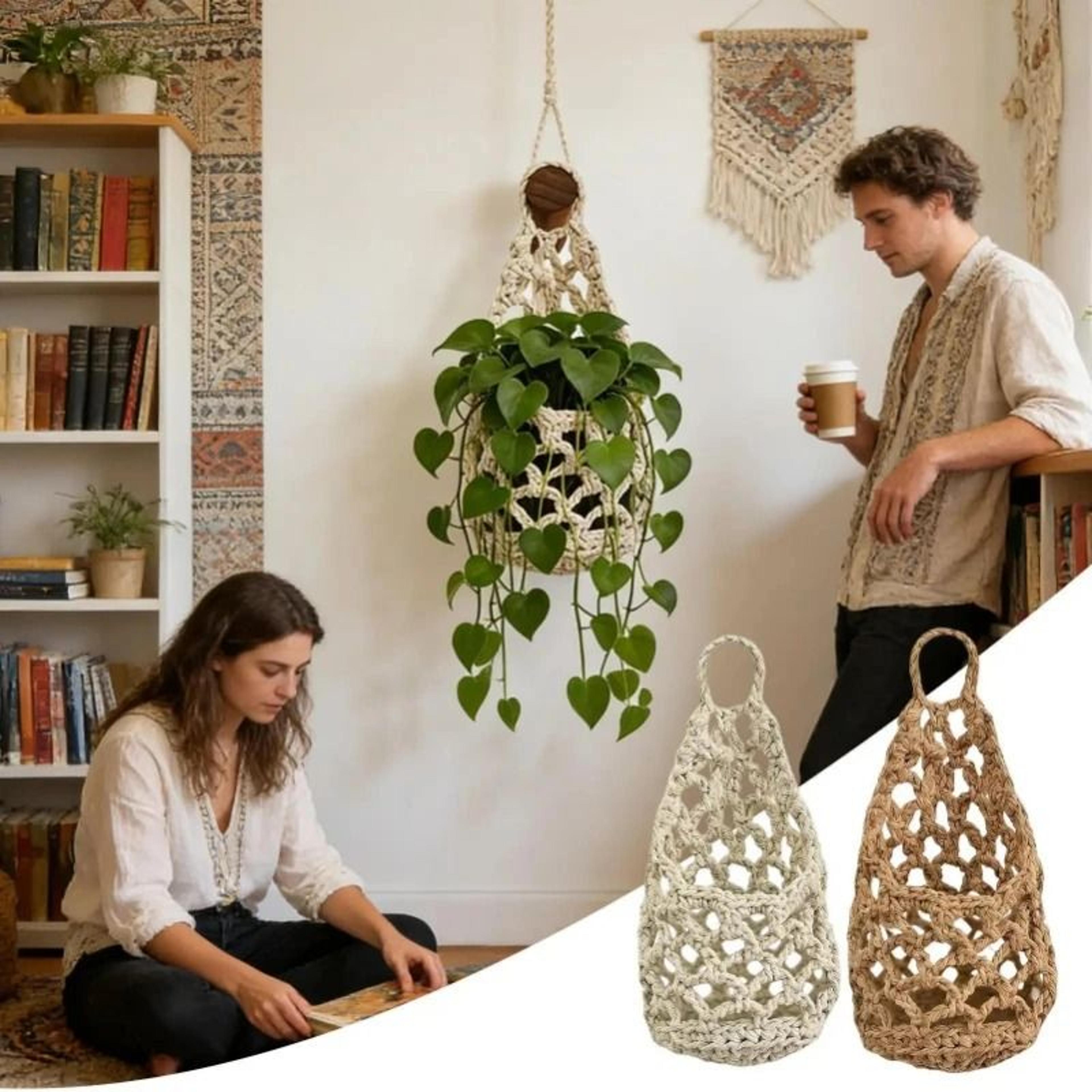 boho macrame plant hanger and woven hanging storage basket