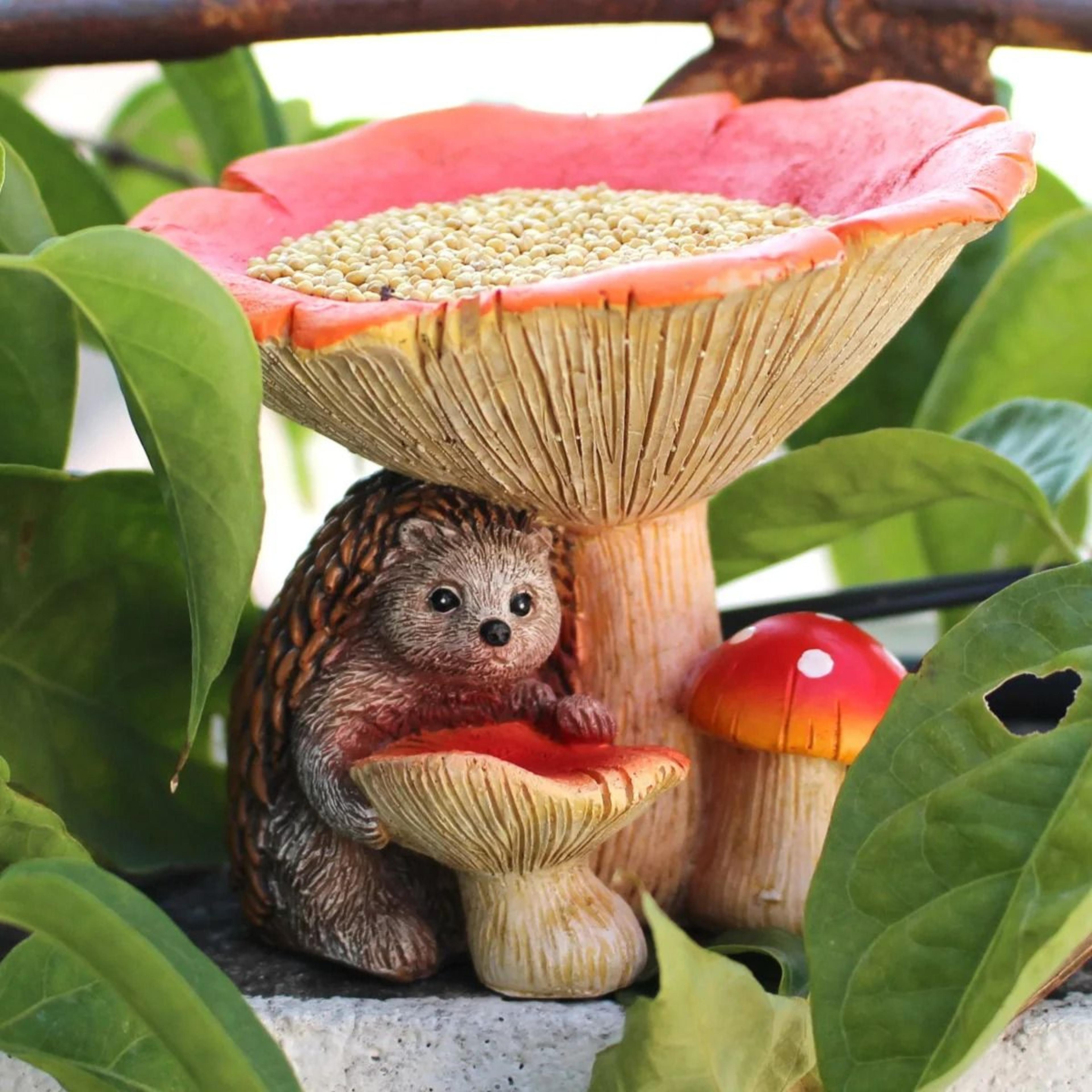 whimsical hedgehog mushroom bird feeder garden statue