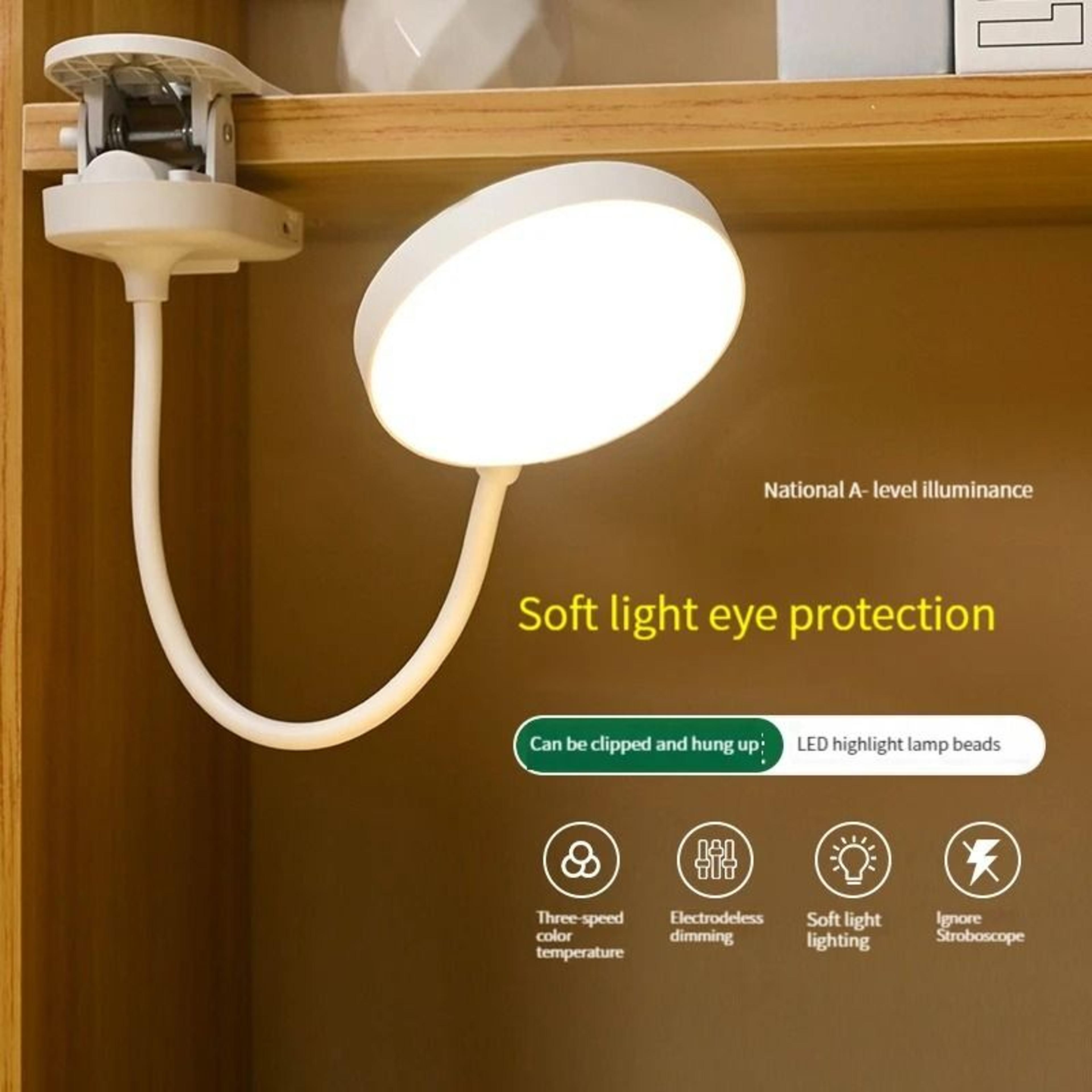 rechargeable clip on desk lamp with dimmable three color lighting control