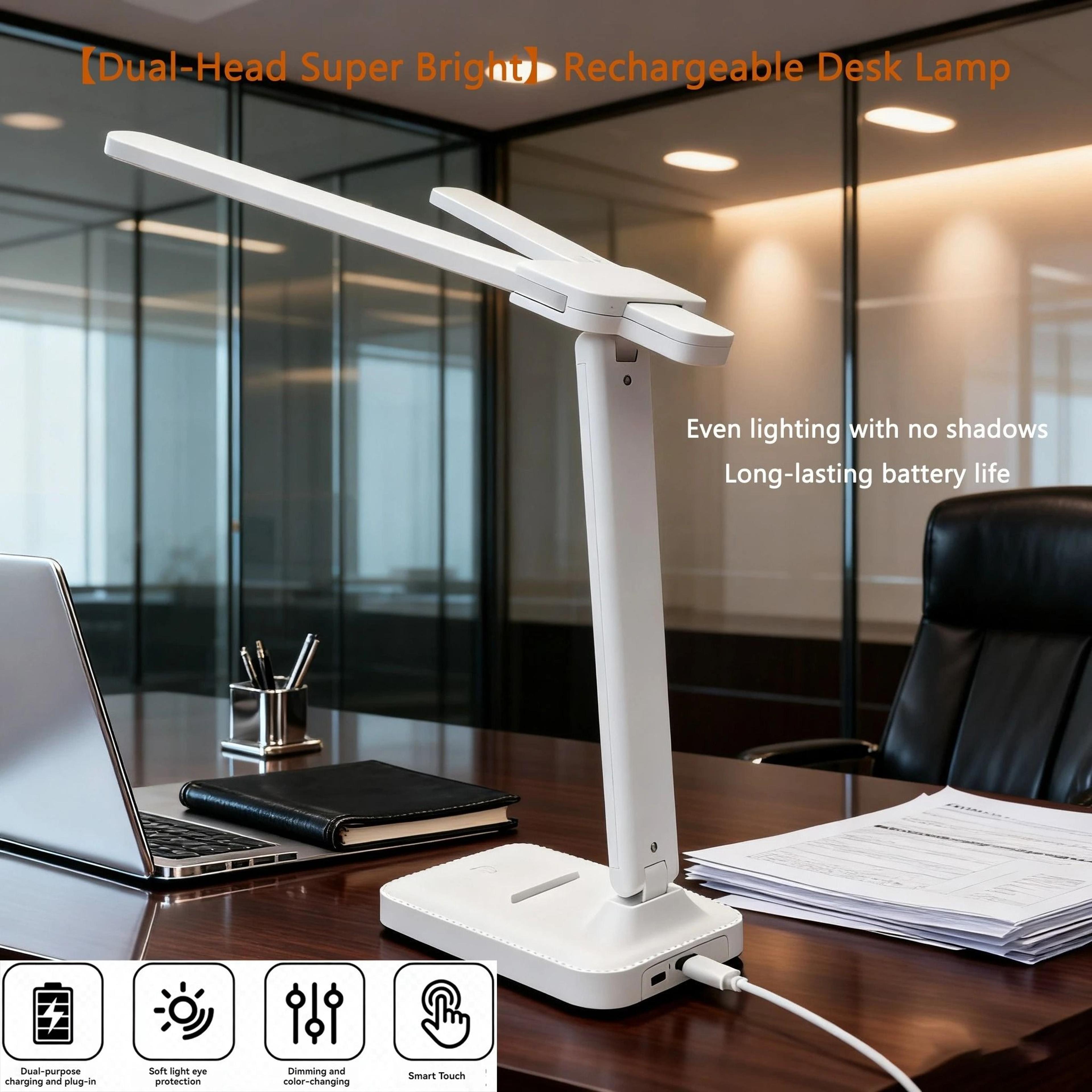 rechargeable double head desk lamp with adjustable colors and foldable design