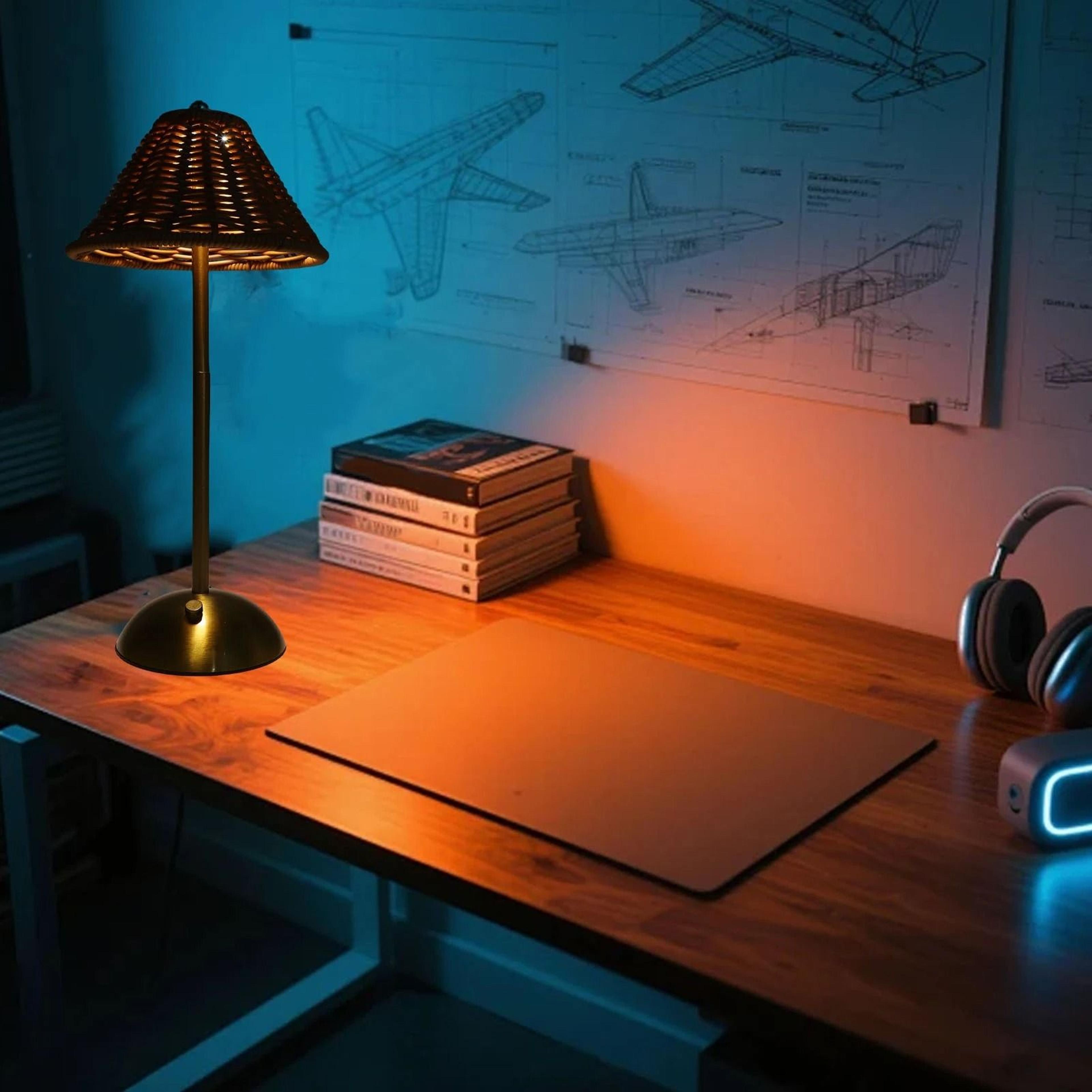 rechargeable rattan bedside lamp with dimmable eye care reading light design