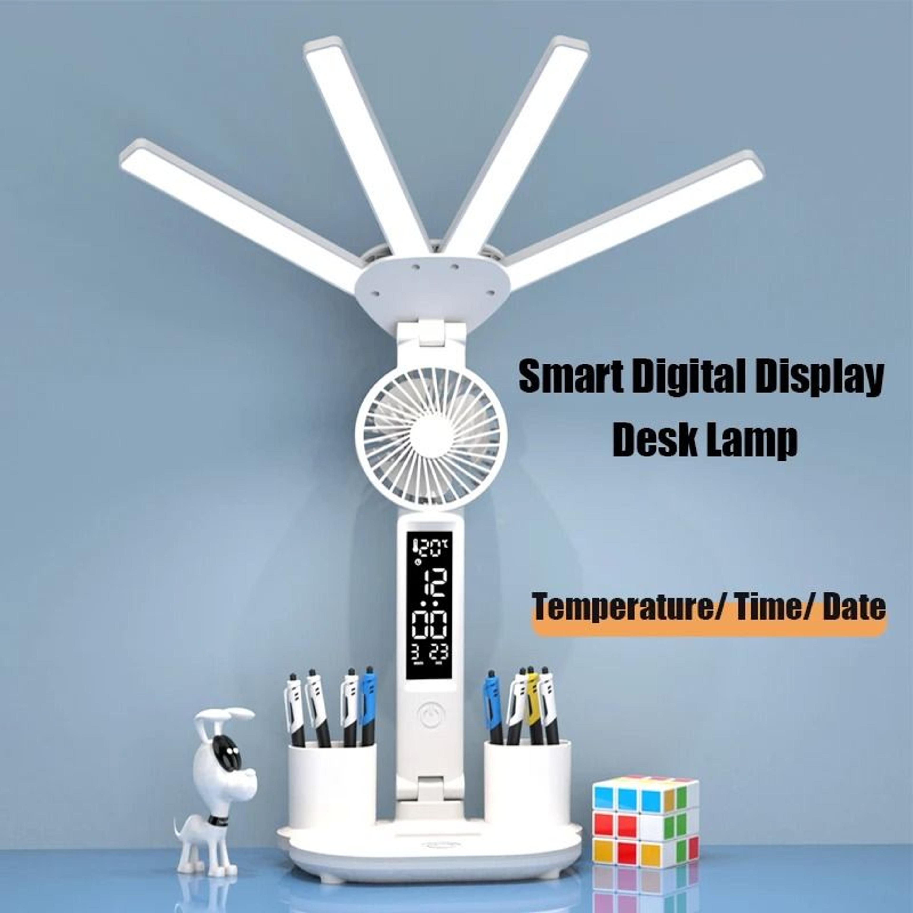 multifunctional four head desk lamp with fan clock and calendar display