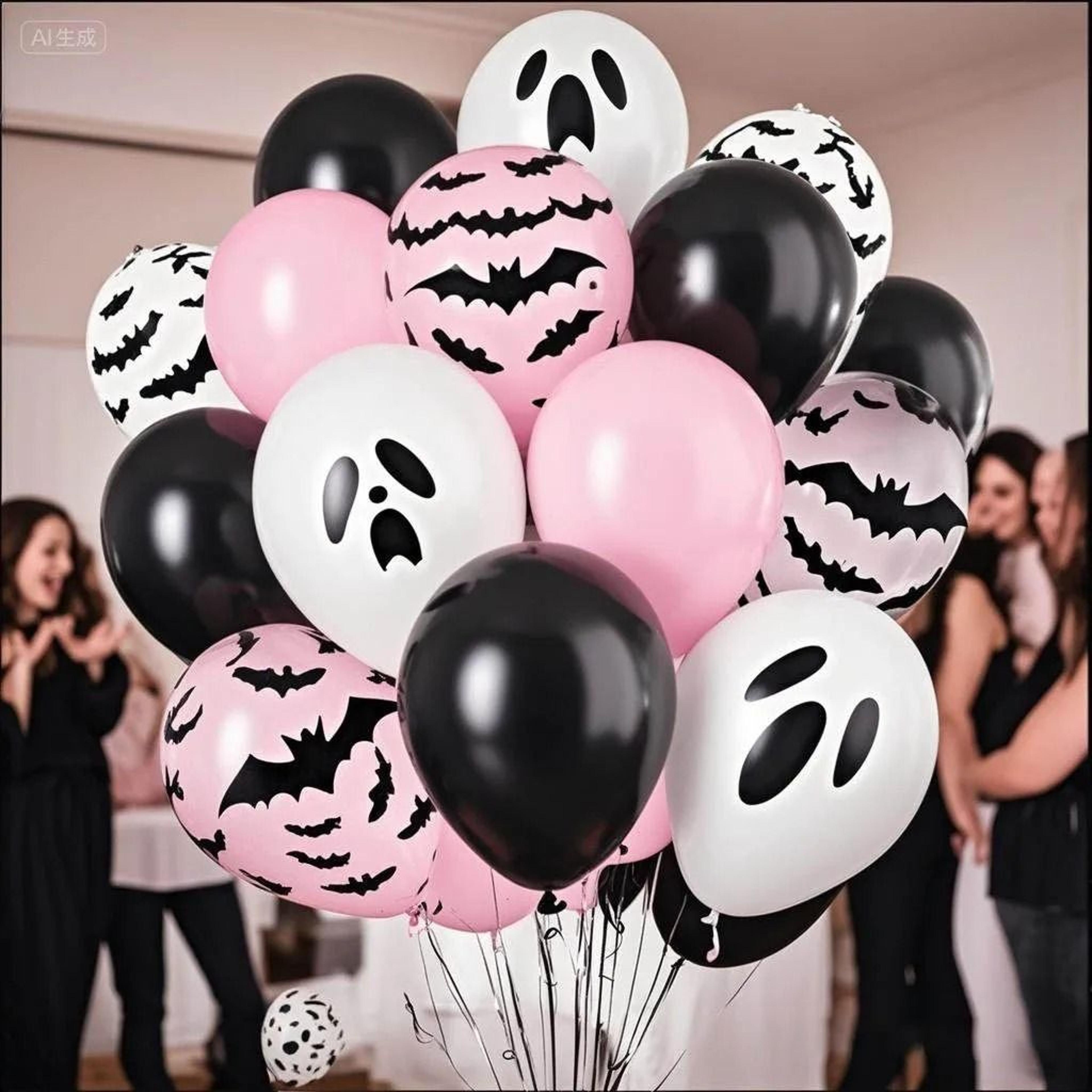 twenty piece pink halloween balloon set with ghost bat confetti designs