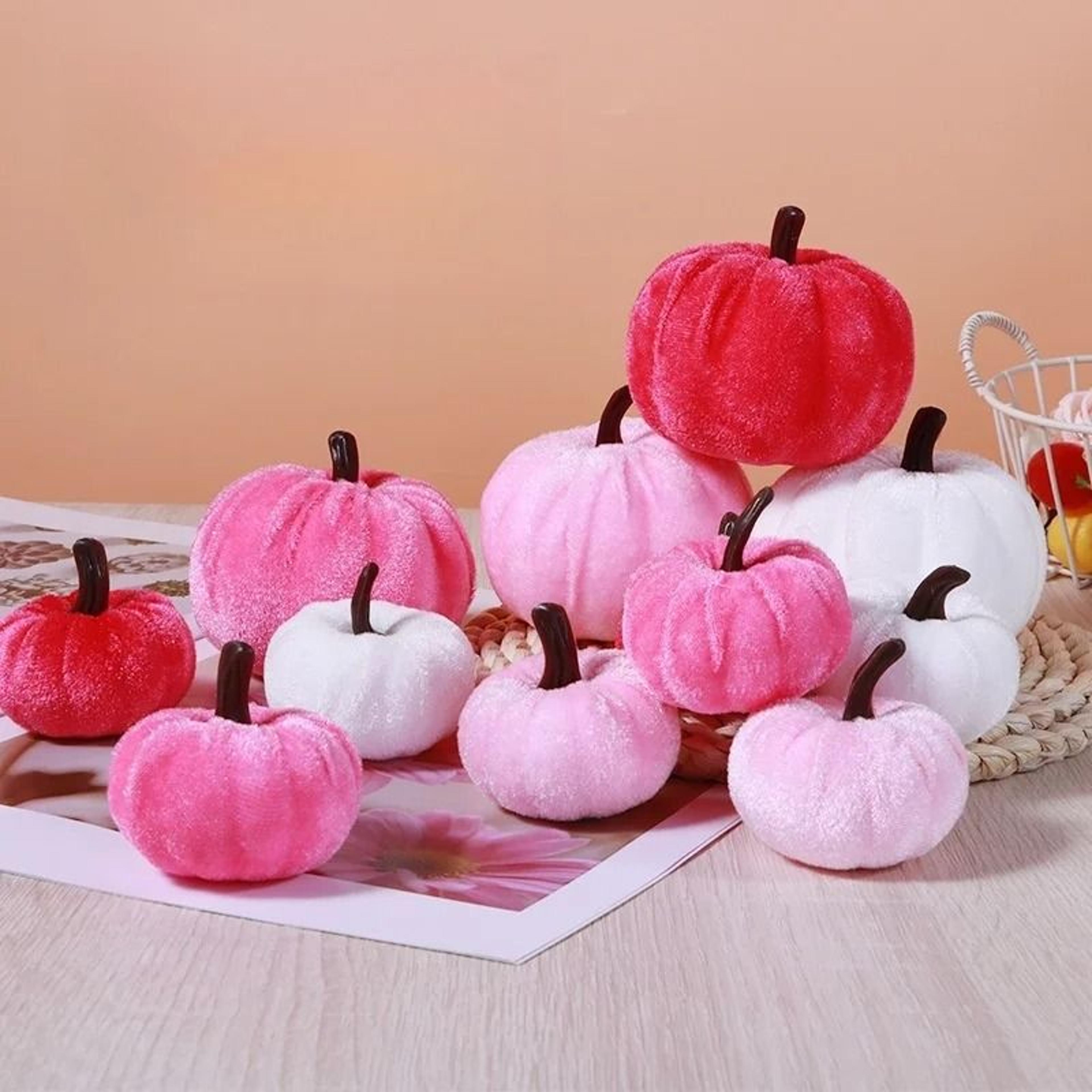 five piece pink velvet pumpkin set for elegant autumn table decor