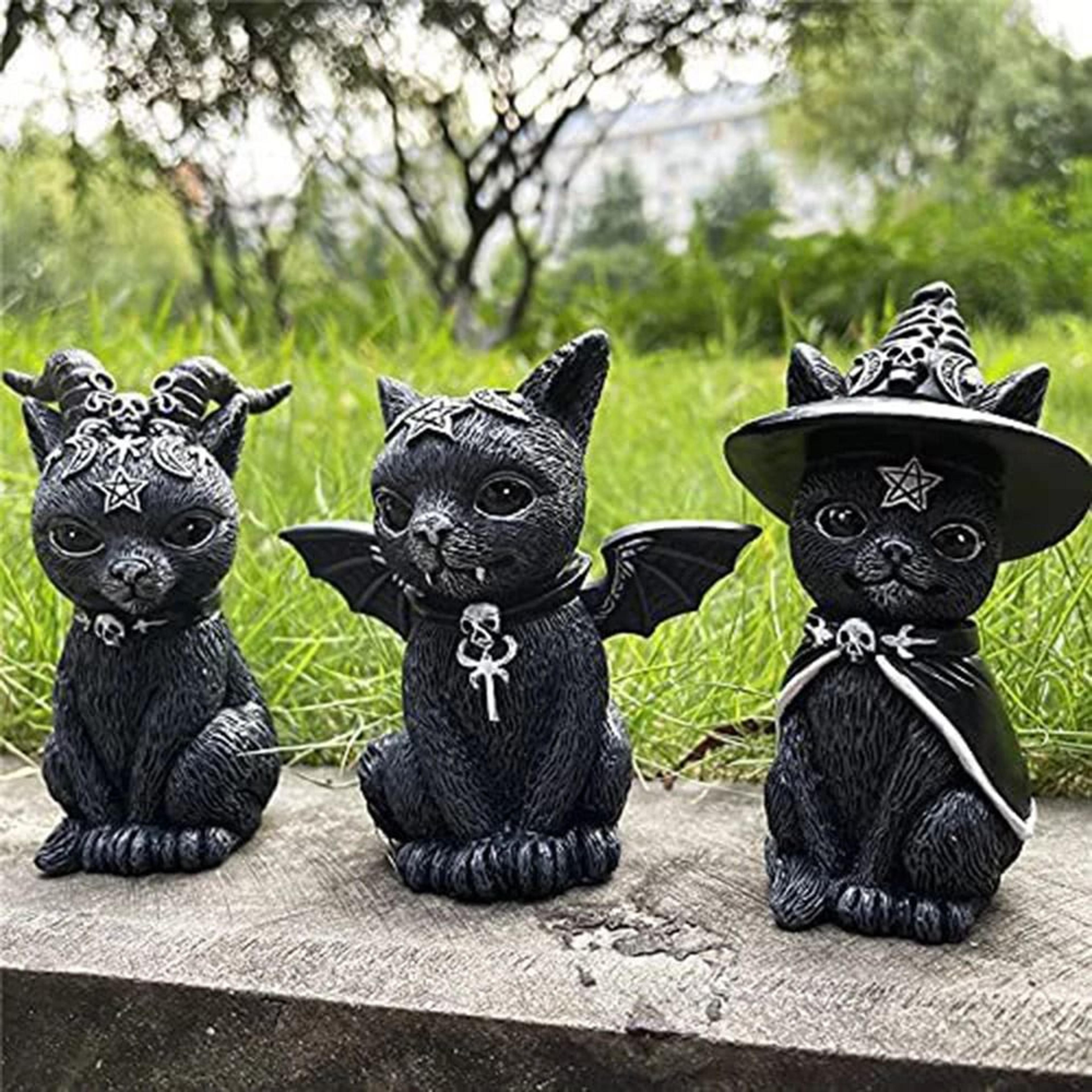 mystical black witch cat resin statue