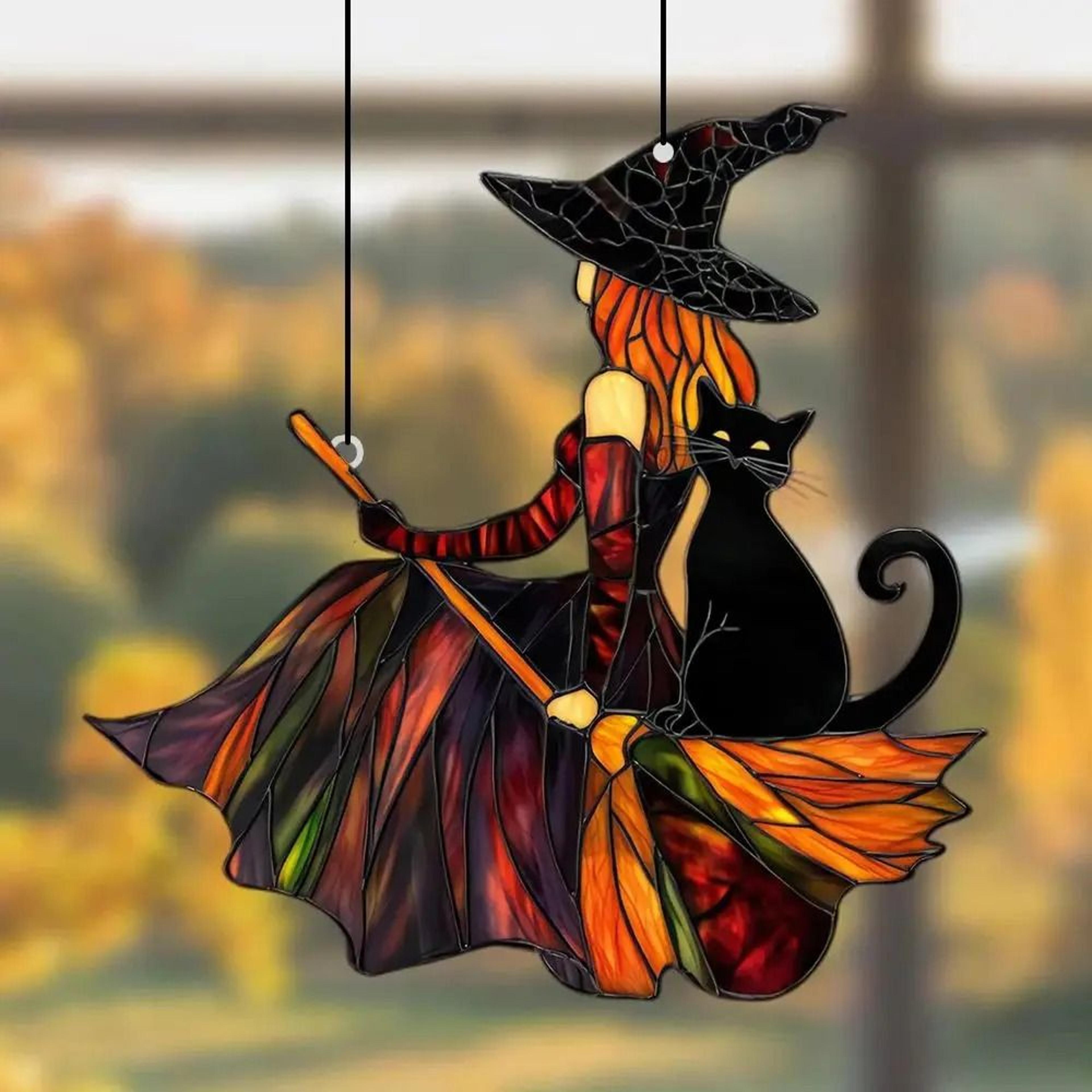 gothic witch and black cat acrylic suncatcher