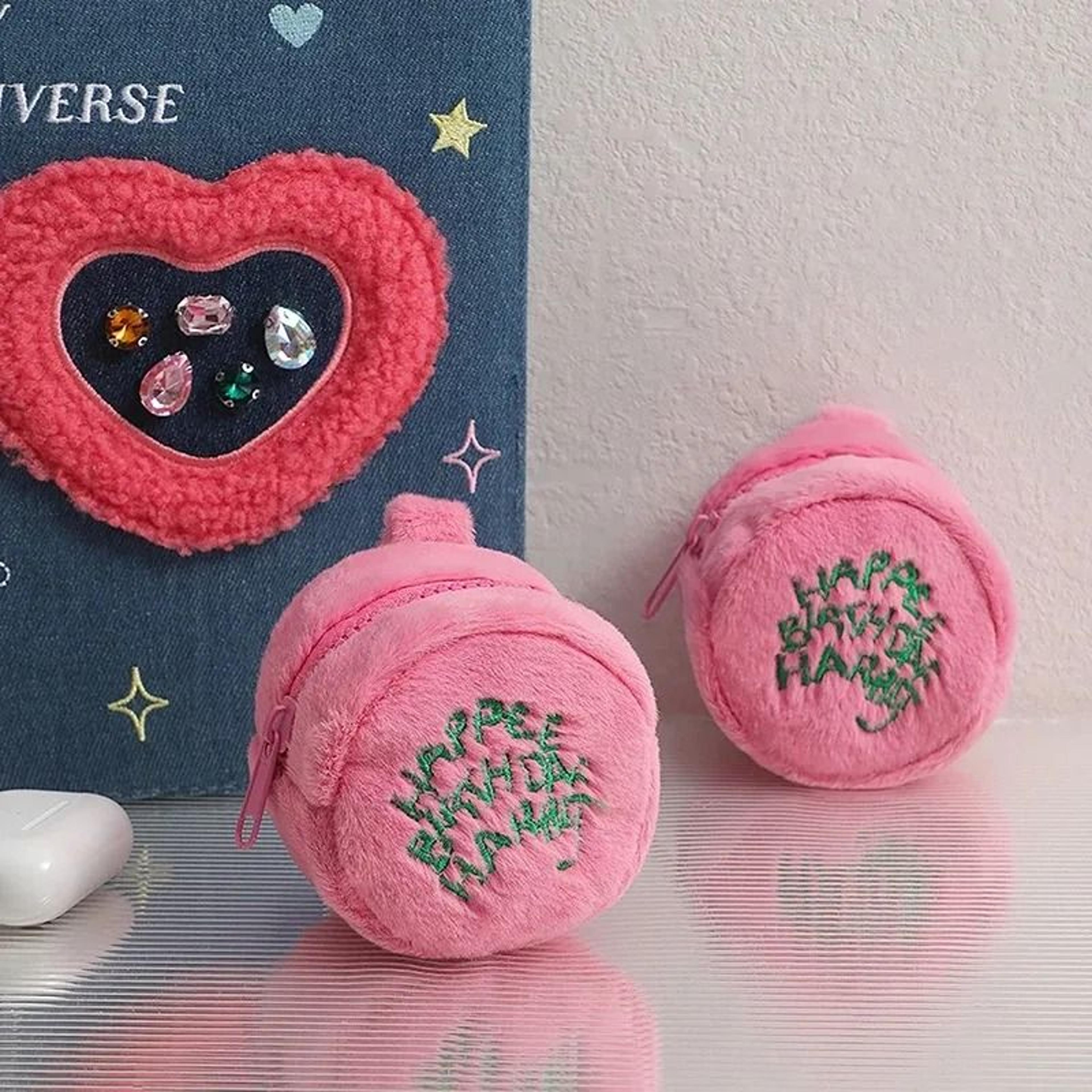 cute pink plush coin purse for earphones coins small essentials storage