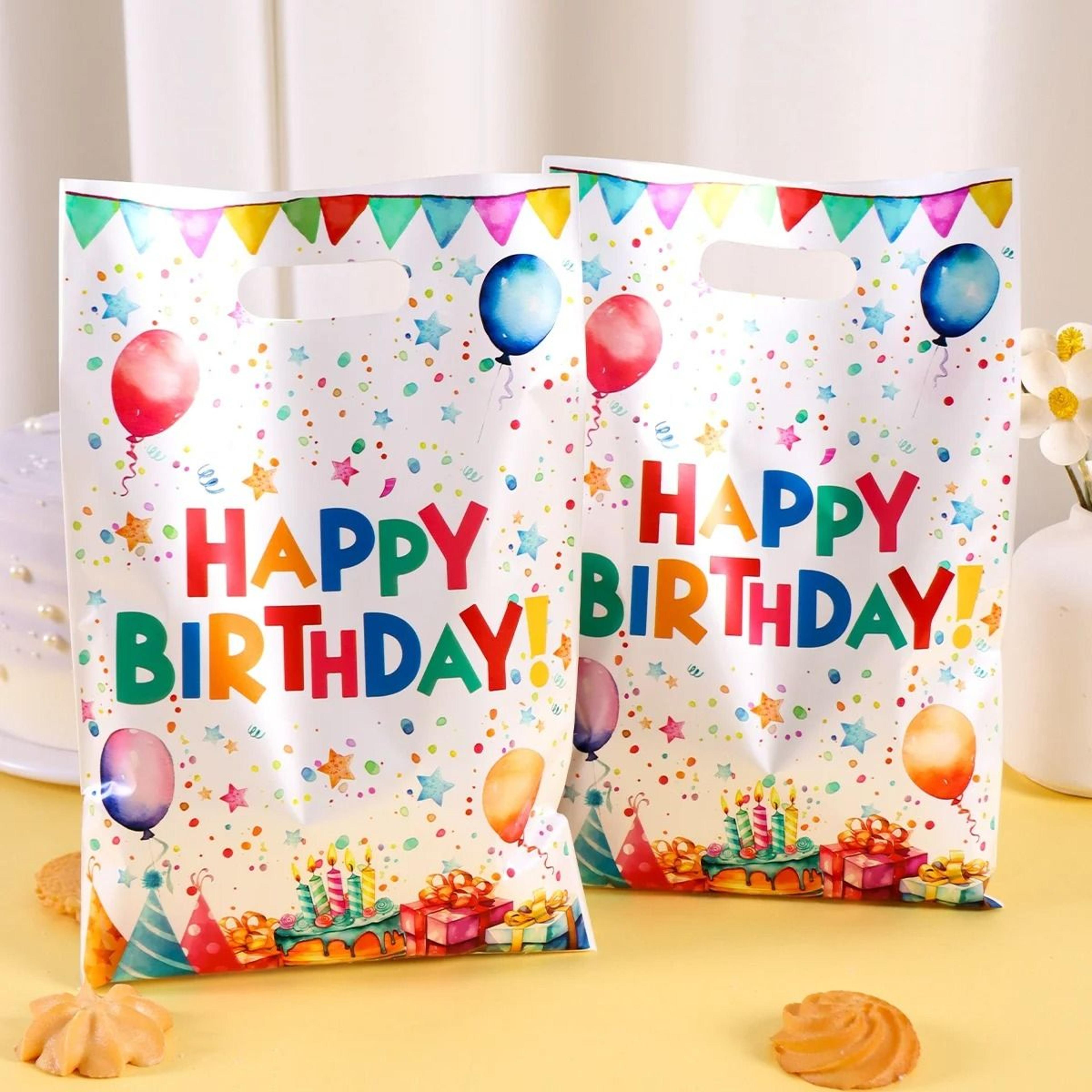 colorful birthday gift bags with balloon print for easy party favors